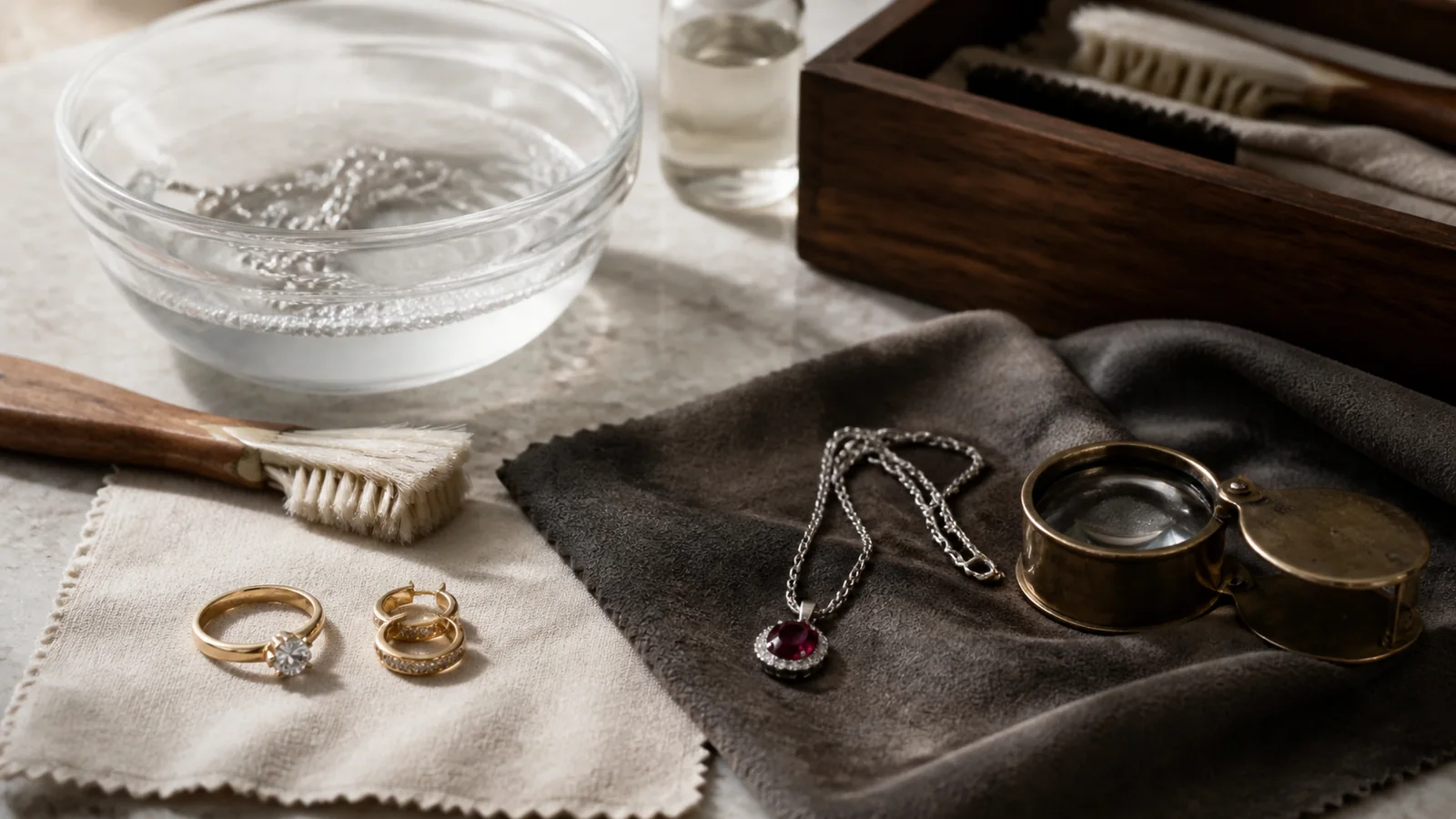 Editorial still life for At-Home Jewellery Cleaning Kits Reviewed: Useful Tools and Unsafe Universal Claims