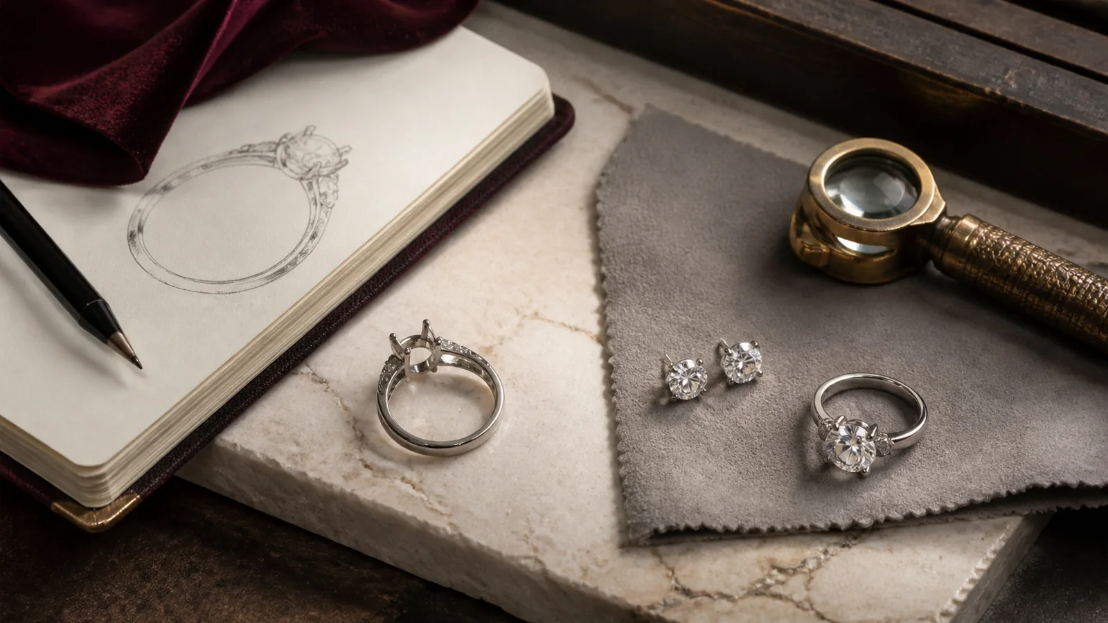 Editorial still life for Bespoke vs Ready-to-Wear Jewellery: Control, Lead Time and Return Rights