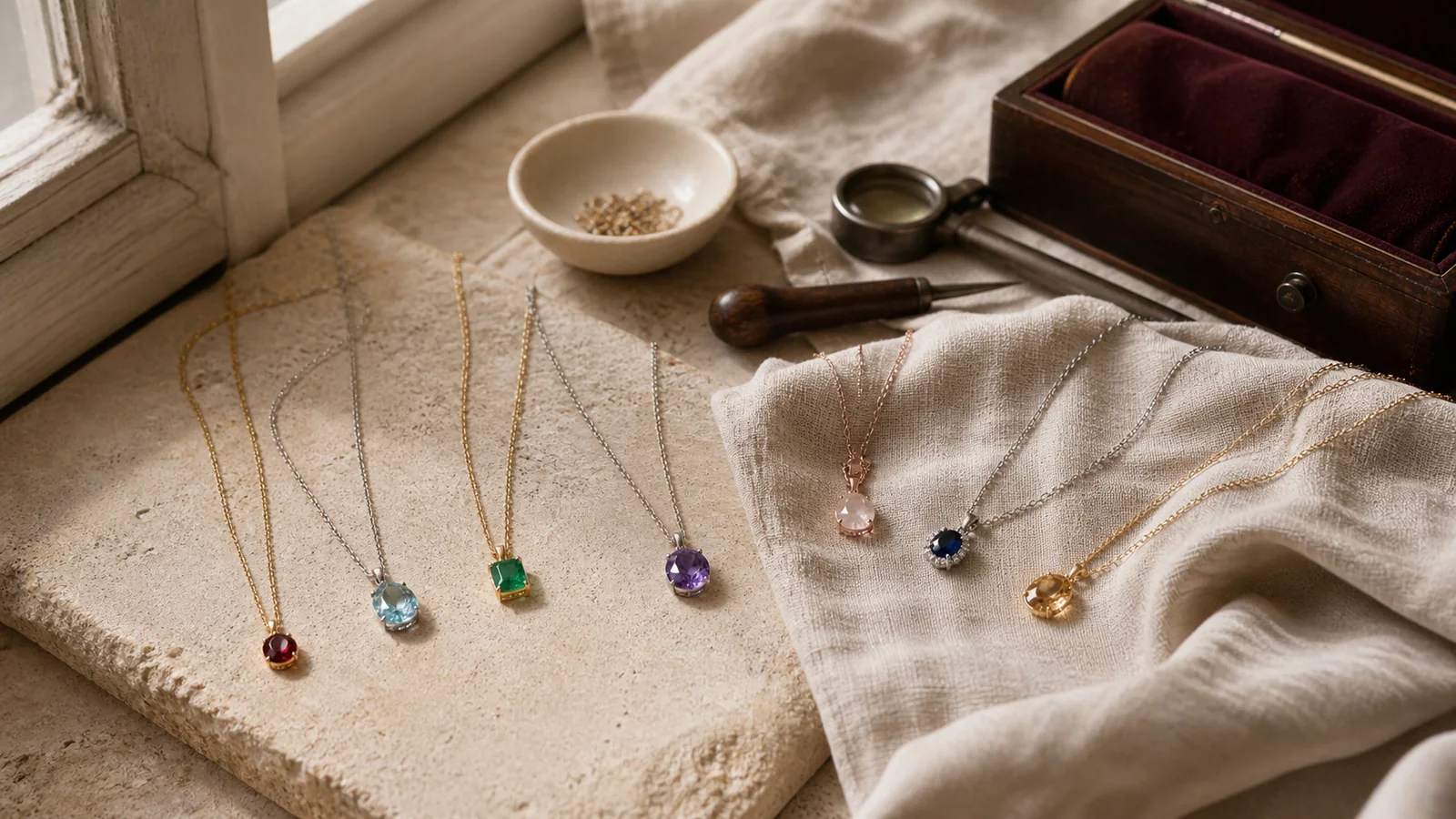 Editorial still life for Best Birthstone Necklaces With Useful Stone Disclosure