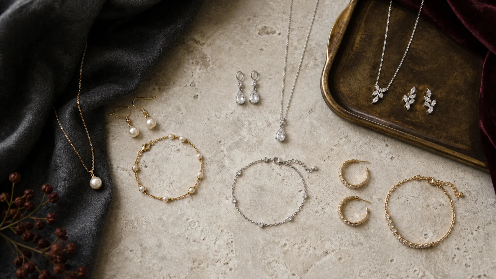 Editorial still life for Best Bridesmaid Jewellery Sets With Clear Metal Descriptions