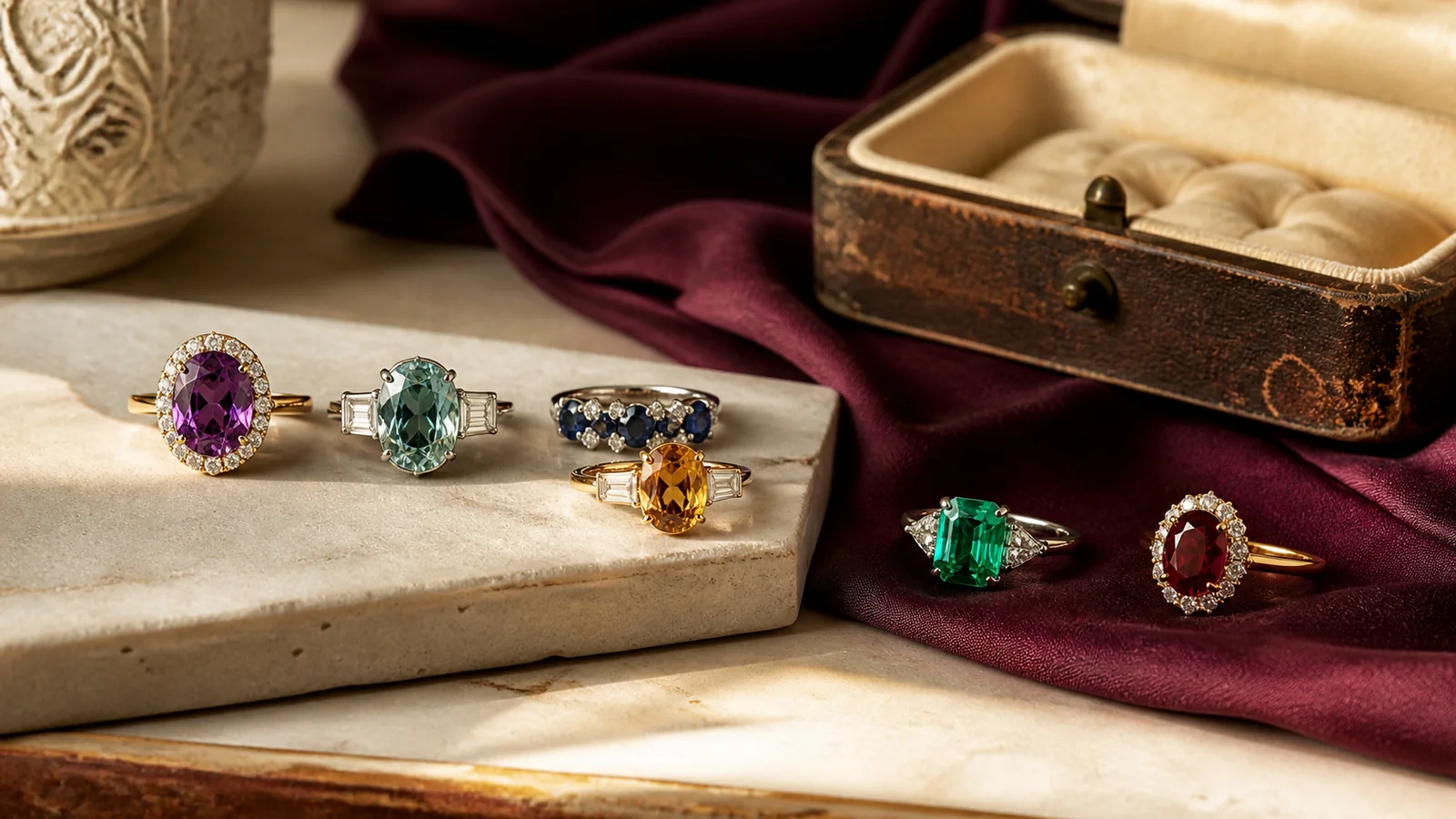 Editorial still life for Best Coloured-Gemstone Rings for Occasional Rather Than Daily Wear