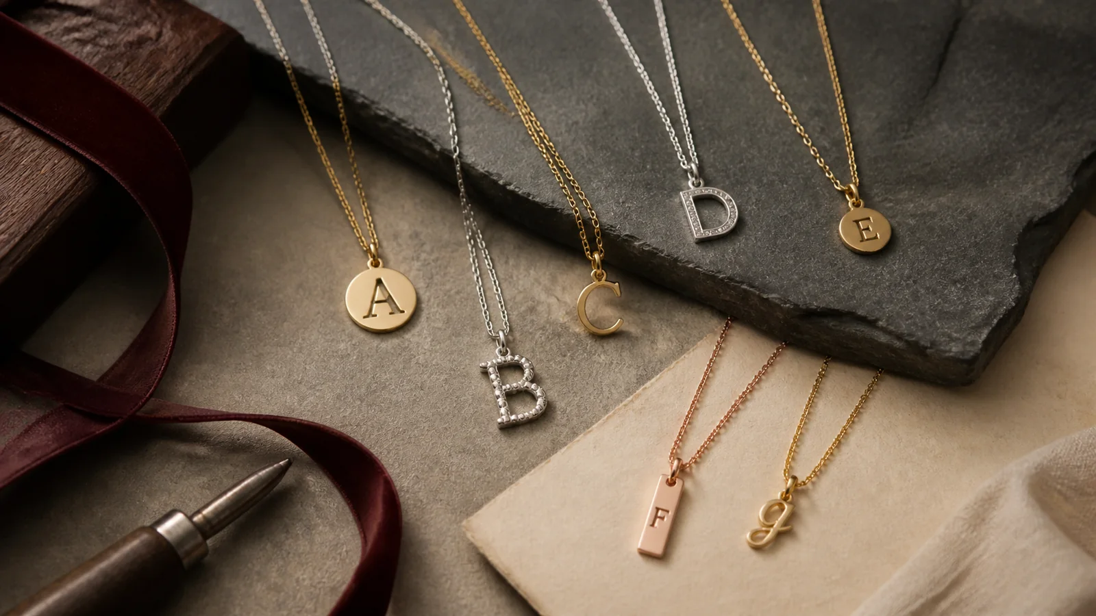 Editorial still life for Best Initial Necklaces With Clear Personalisation Terms