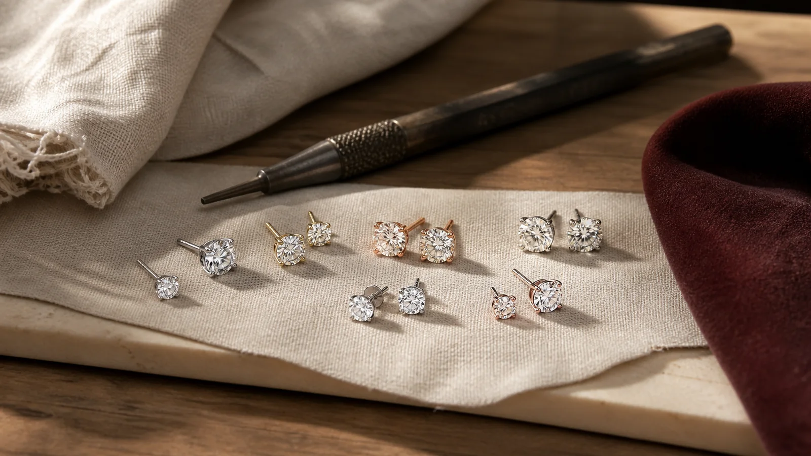 Editorial still life for Best Lab-Grown Diamond Stud Earrings by Budget and Millimetre Size