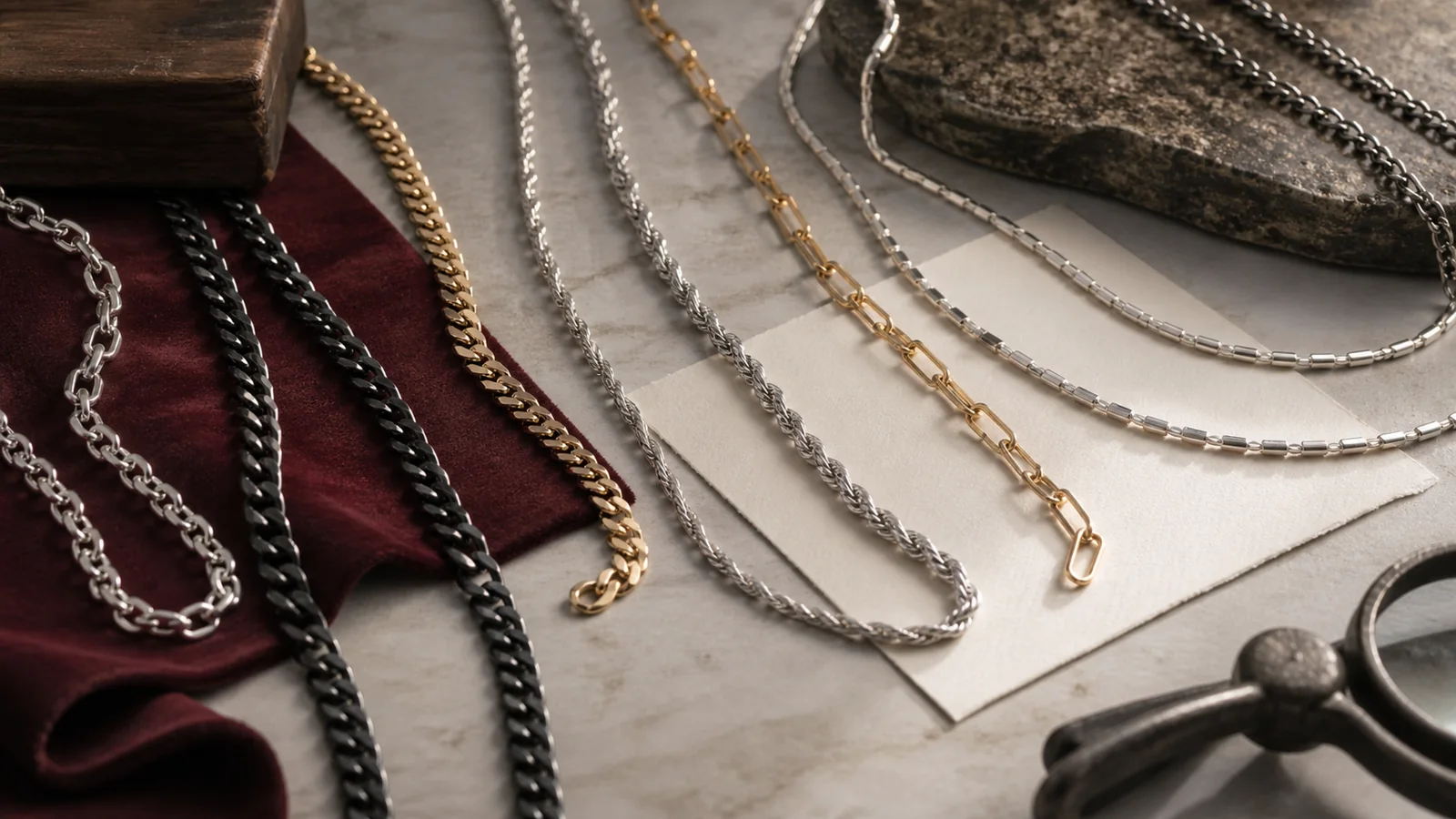Editorial still life for Best Men’s Chain Necklaces by Width, Length and Construction