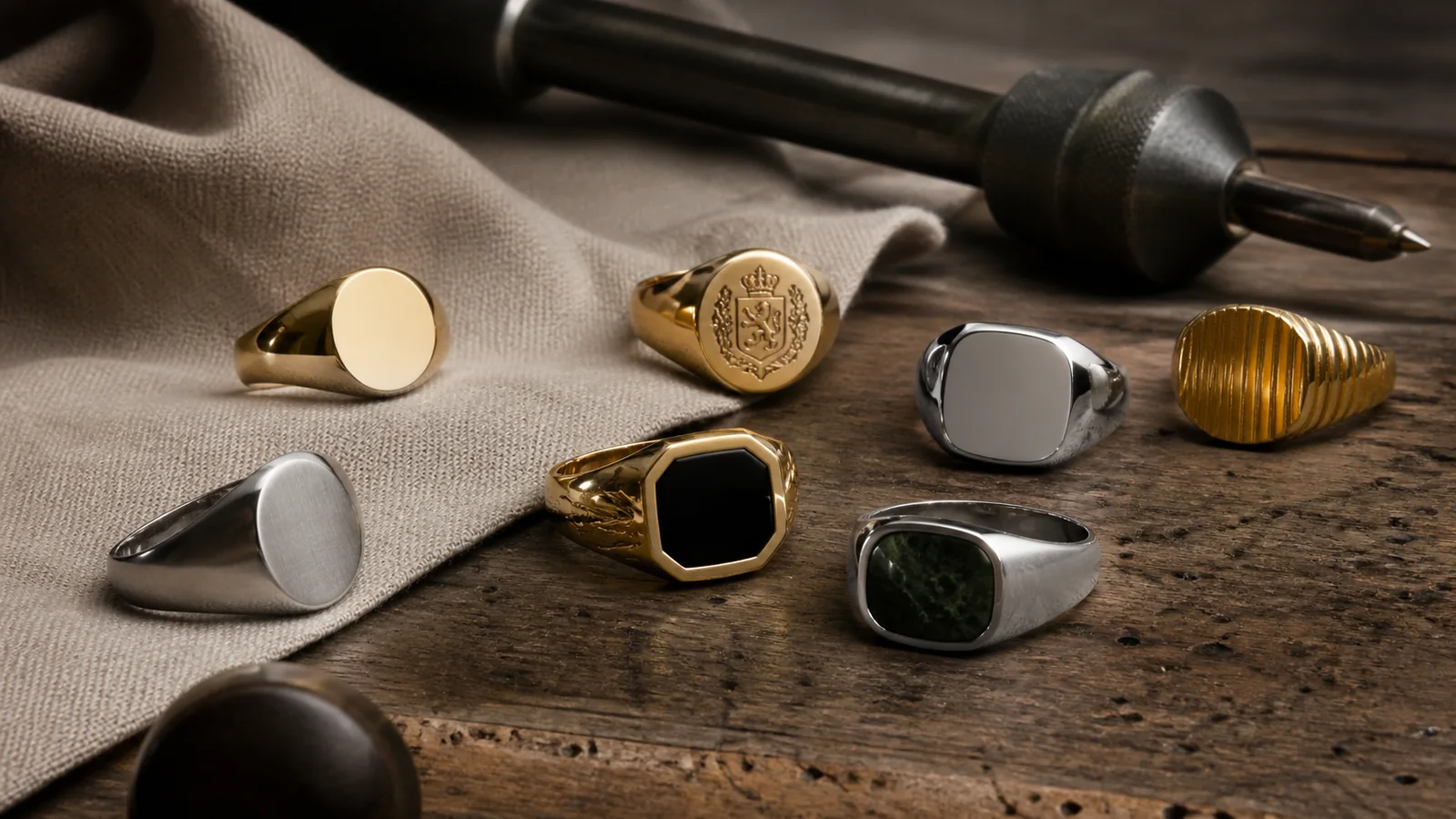 Editorial still life for Best Men’s Signet Rings With Sizing and Engraving Support