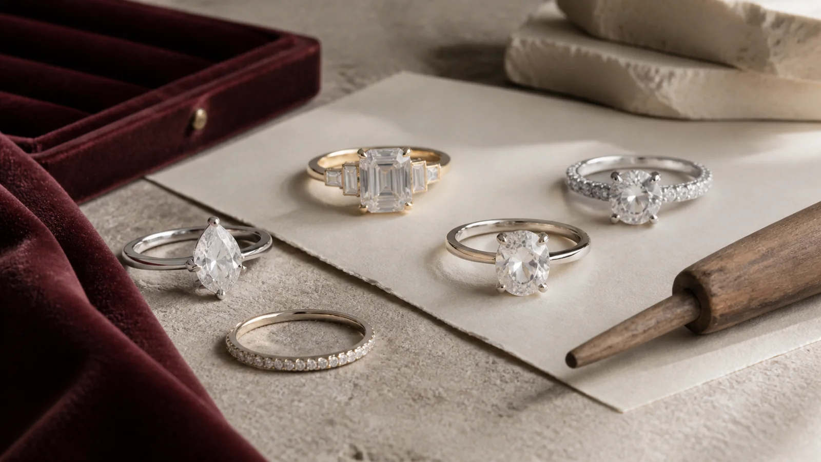 Editorial still life for Best Moissanite Engagement Rings With Clear Stone and Setting Information