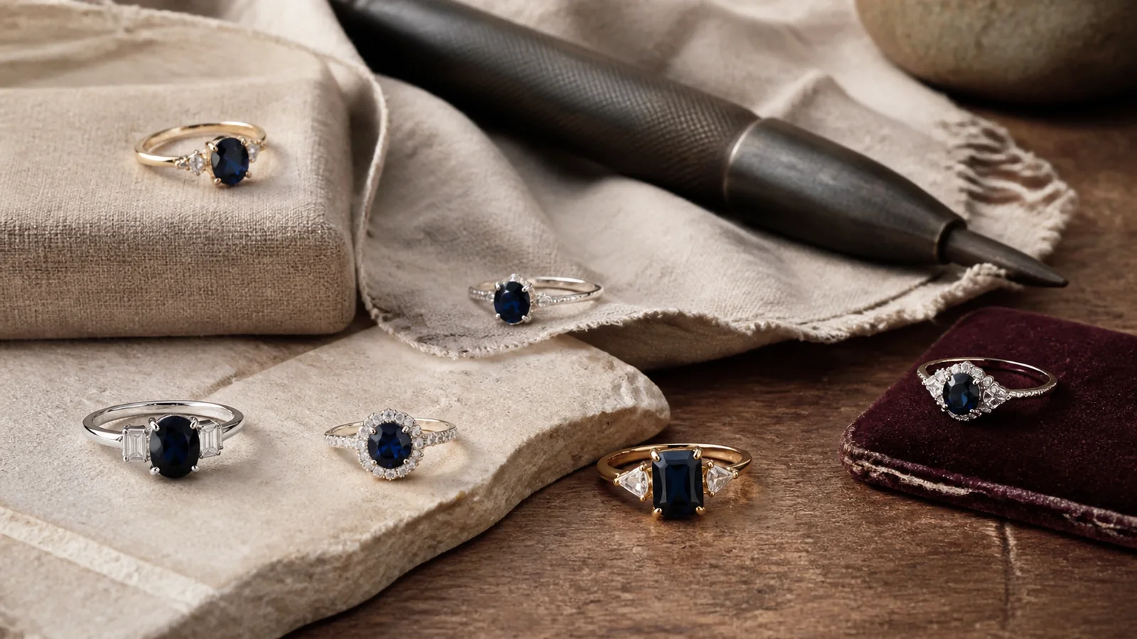 Editorial still life for Best Sapphire Engagement Rings for Different Setting Styles