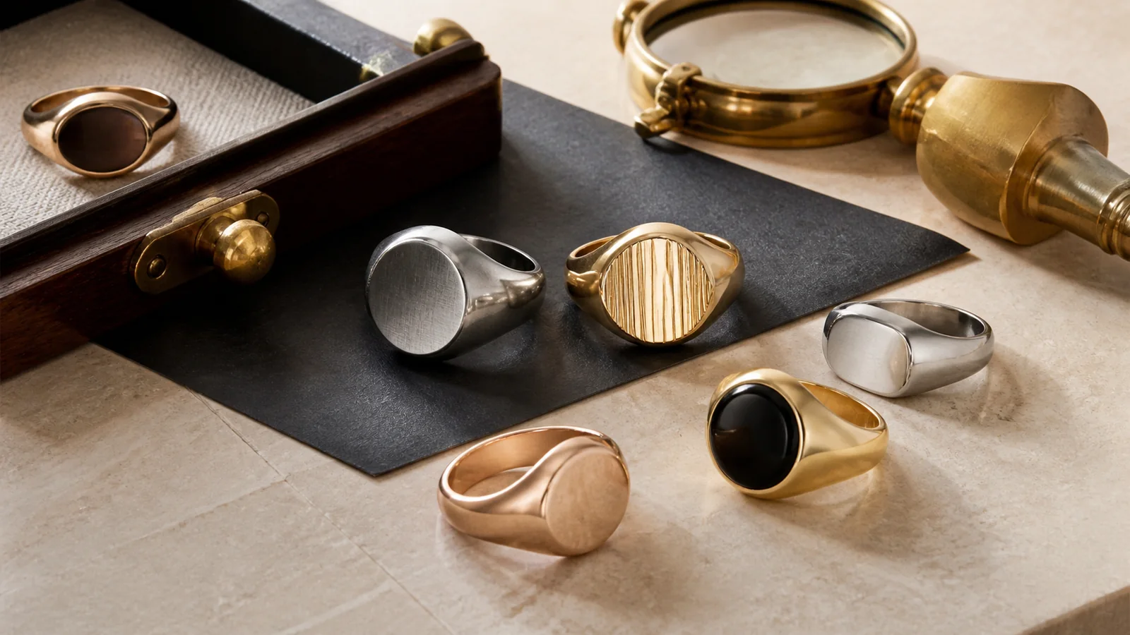 Editorial still life for Best Signet Rings for Engraving and Future Resizing