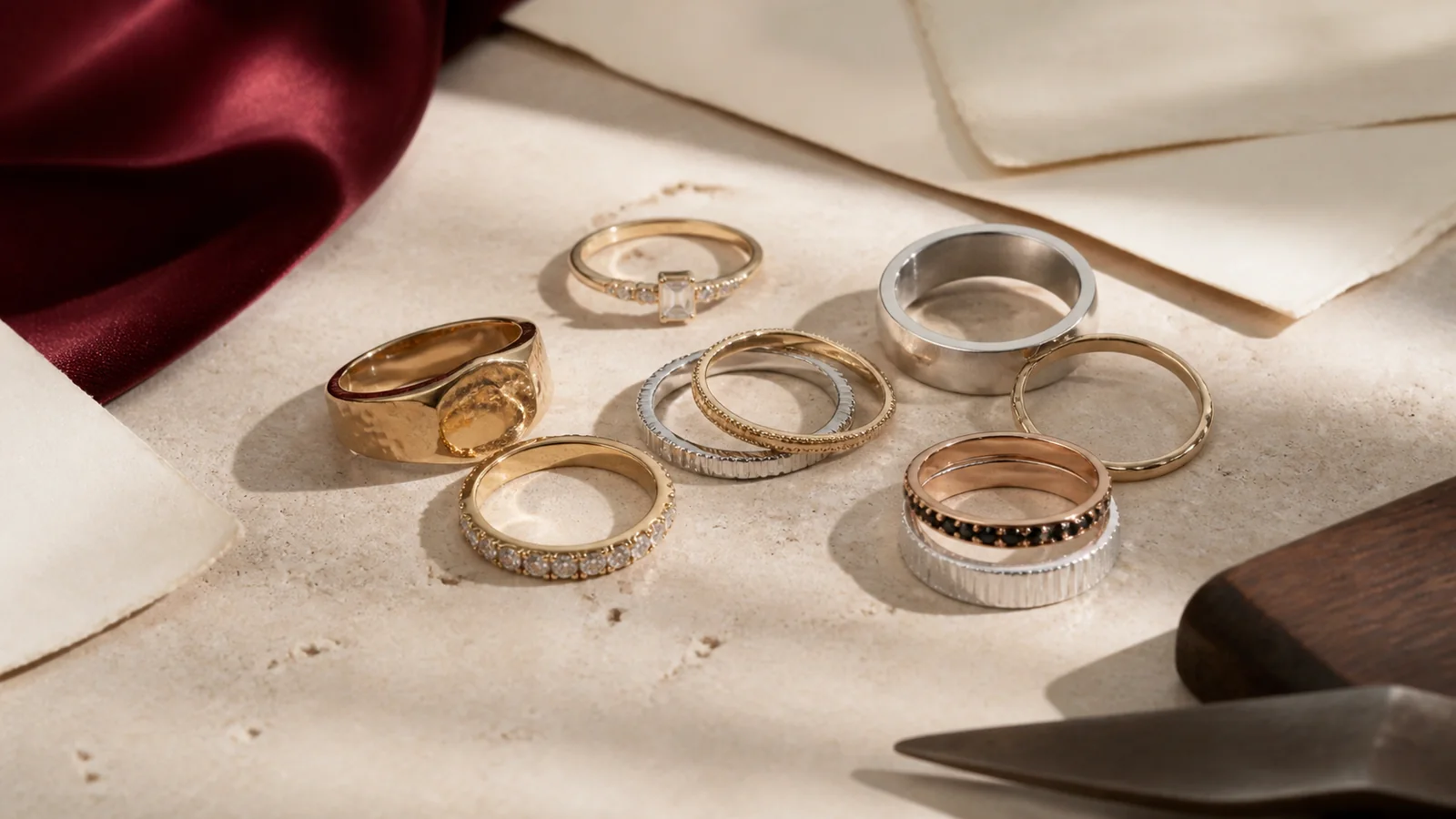 Editorial still life for Best Stacking Rings for Mixing Widths Without Hiding Trade-Offs