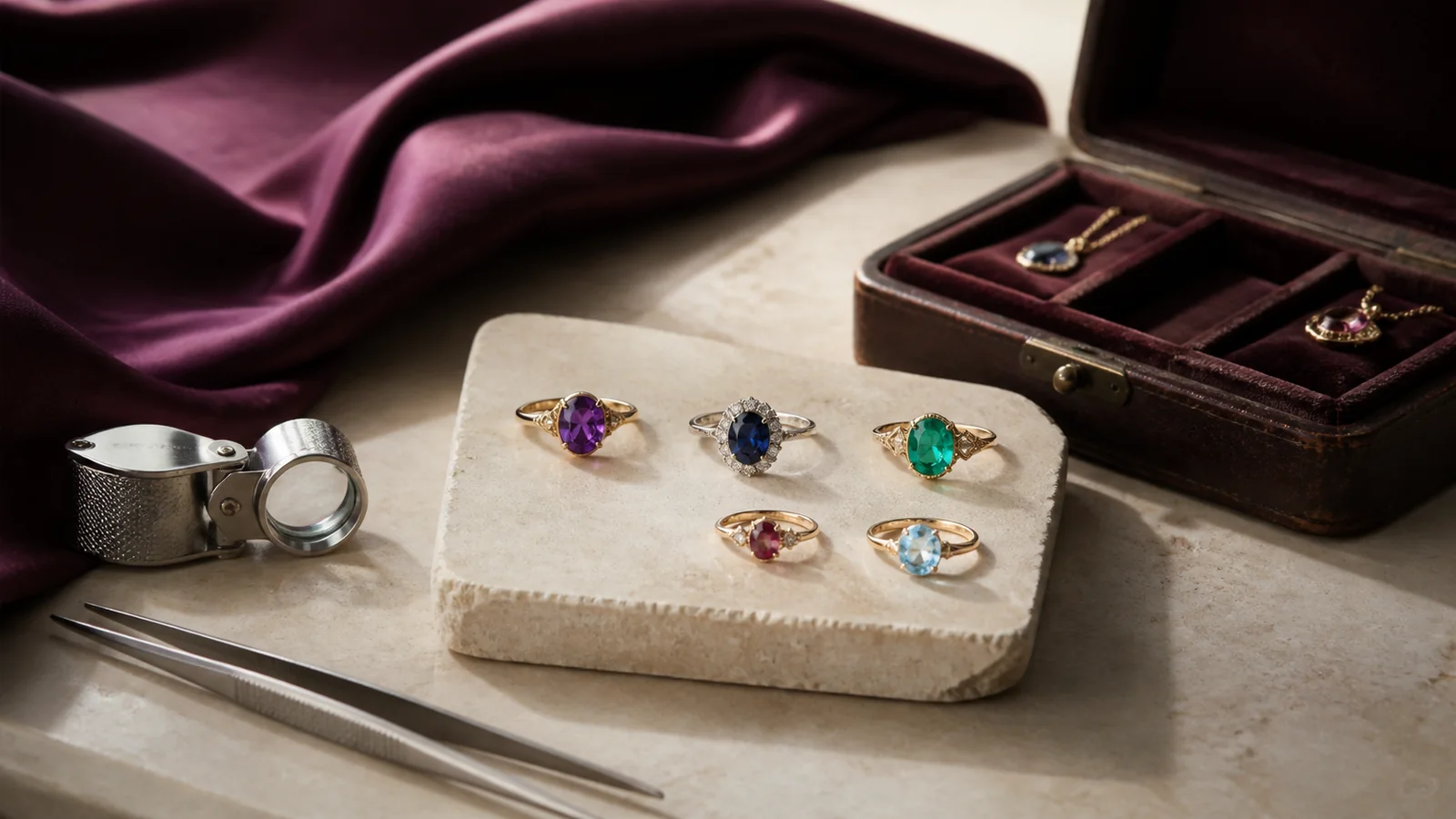 Editorial still life for Birthstone Jewellery Reviewed: Stone Identity, Treatments and Setting Protection