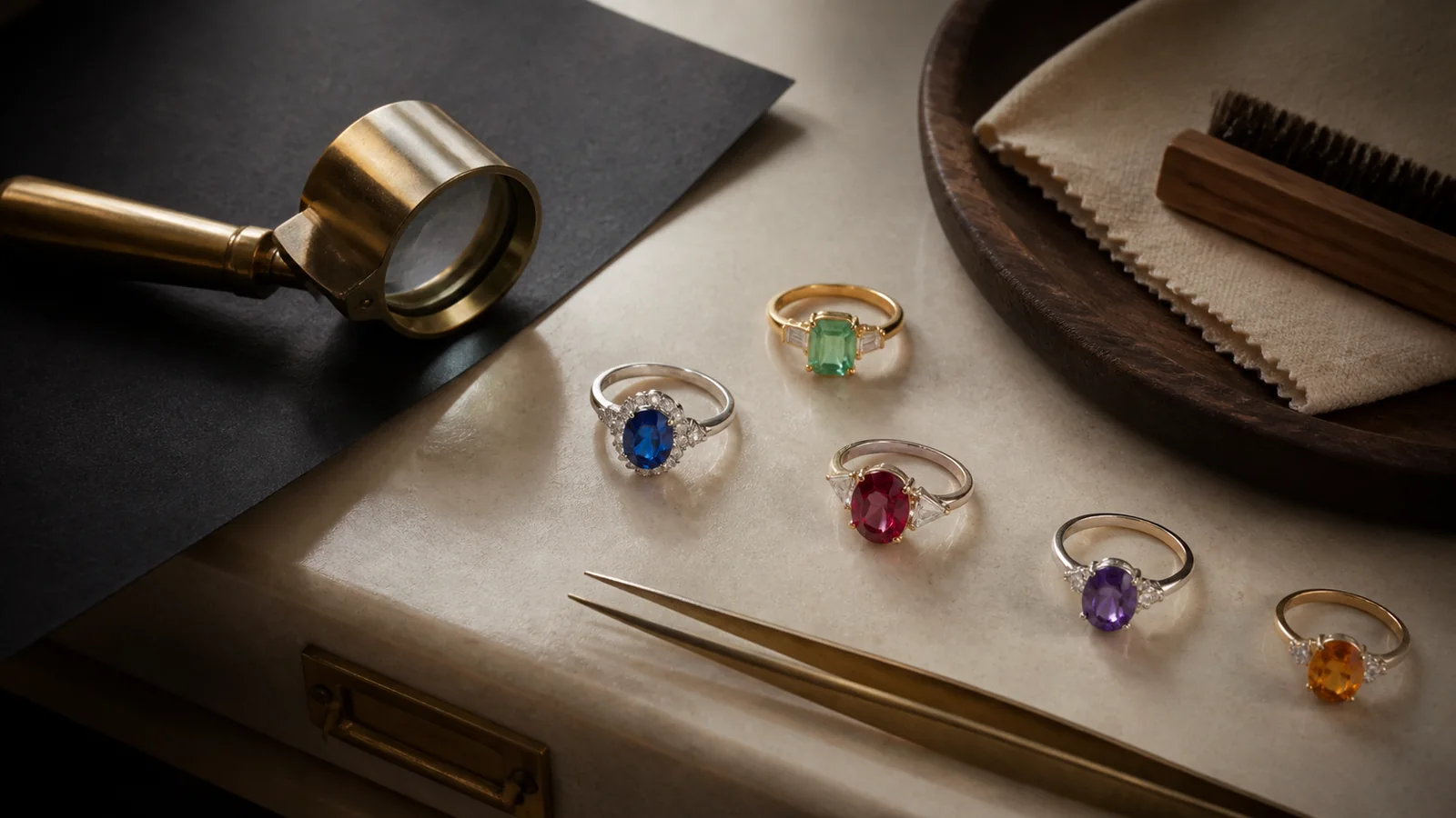Editorial still life for Coloured-Gemstone Rings Reviewed: Treatment Disclosure and Everyday Durability