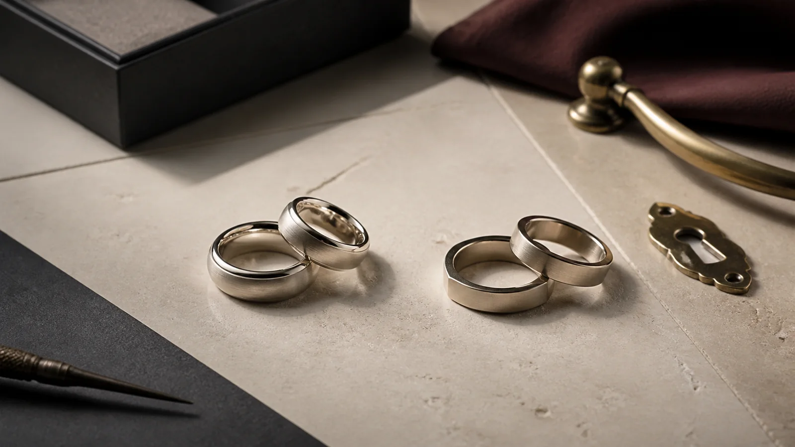 Editorial still life for Comfort-Fit vs Flat Wedding Bands: Profile, Width and Sizing