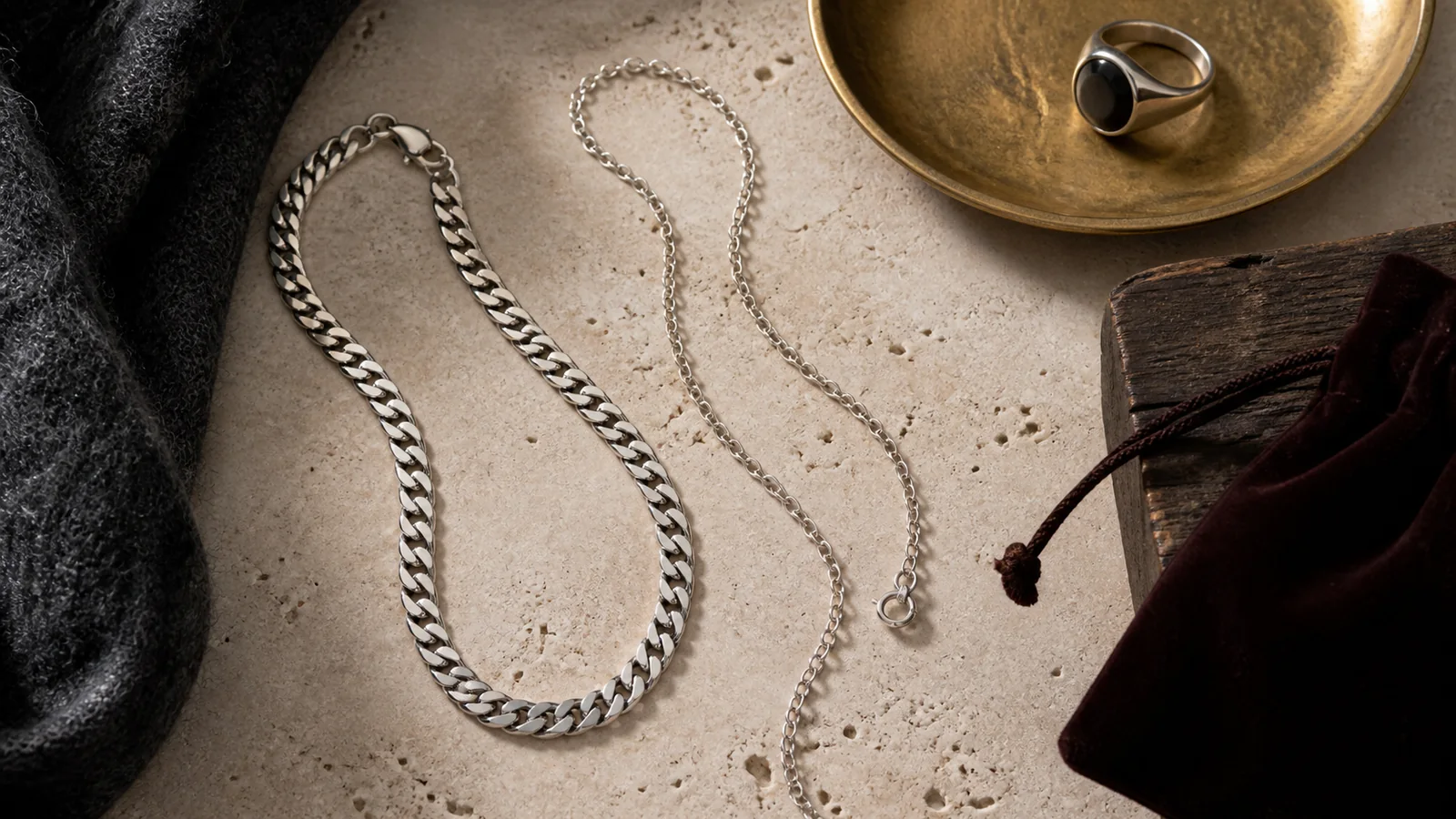 Editorial still life for Curb Chain vs Cable Chain: Look, Link Construction and Pendant Use