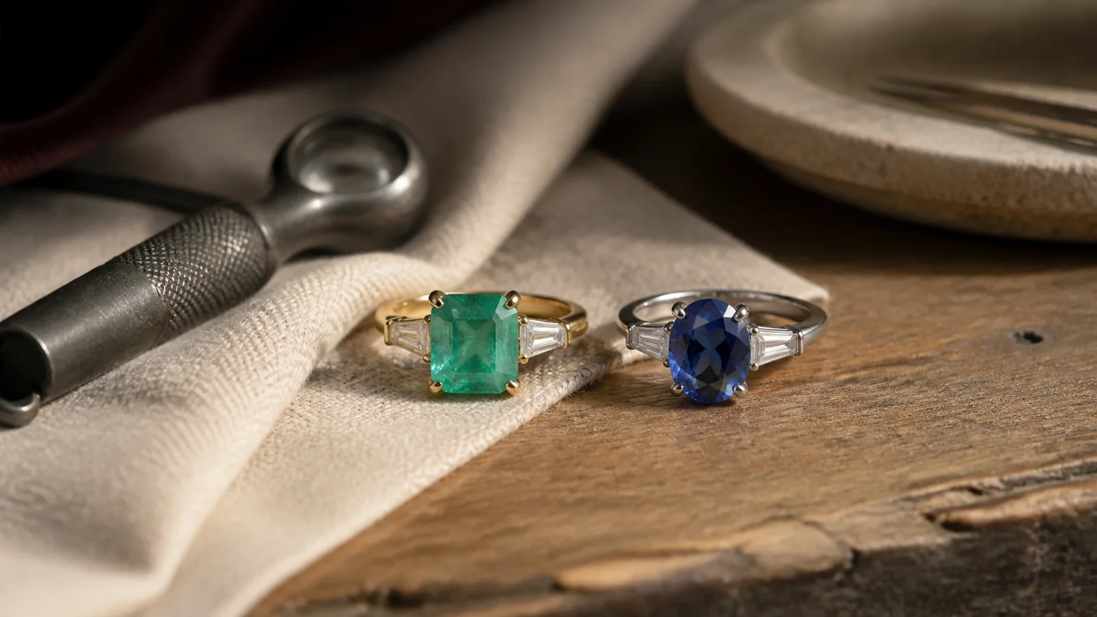 Editorial still life for Emerald vs Sapphire Rings: Inclusion Expectations and Everyday Wear