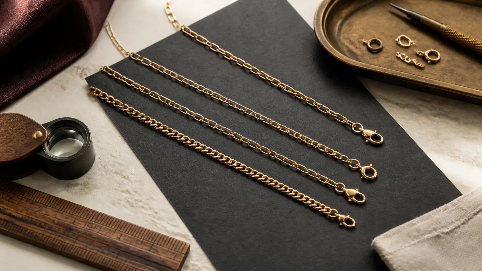 Editorial still life for Fine Gold Chain Necklaces Reviewed: Link Construction, Clasps and Repairability