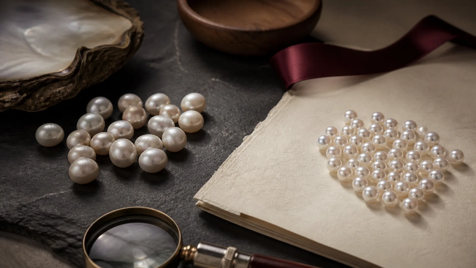 Editorial still life for Freshwater vs Akoya Pearls: Size, Lustre, Matching and Budget