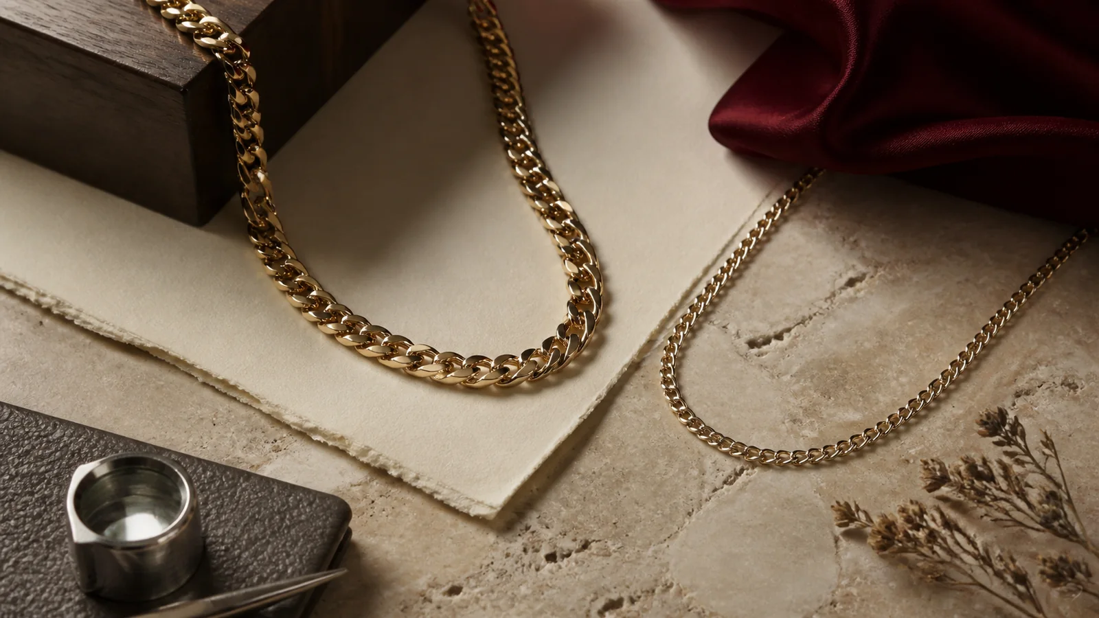 Editorial still life for Hollow vs Solid Gold Chains: Weight, Dent Risk and Repairability