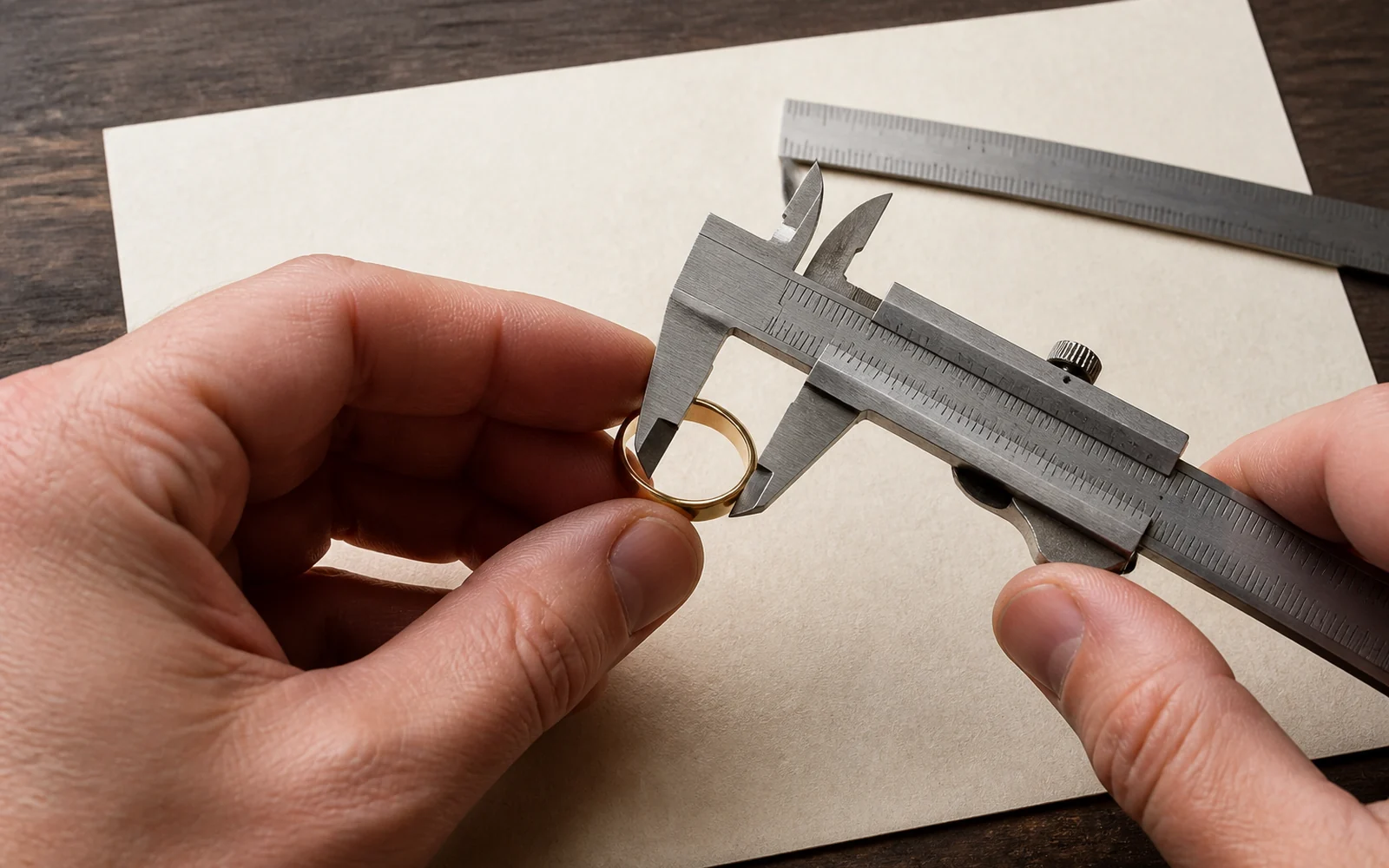 Ring sizing gauge, metal ring mandrel and millimetre ruler prepared for a home ring size check
