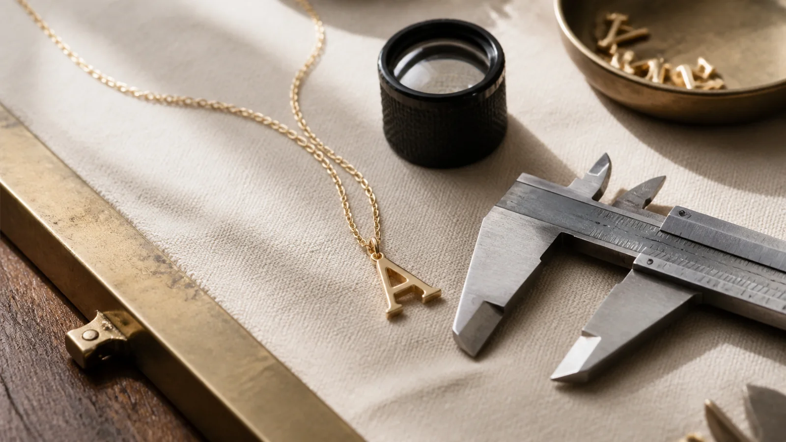 Editorial still life for Initial Necklaces Reviewed: Chain Strength, Letter Construction and Personalisation Terms