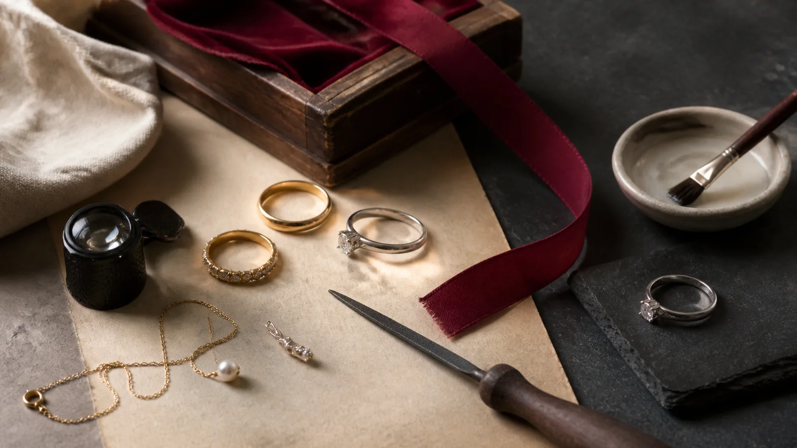 Editorial still life for Jewellery Replating Services Reviewed: Metal Preparation, Thickness and Aftercare