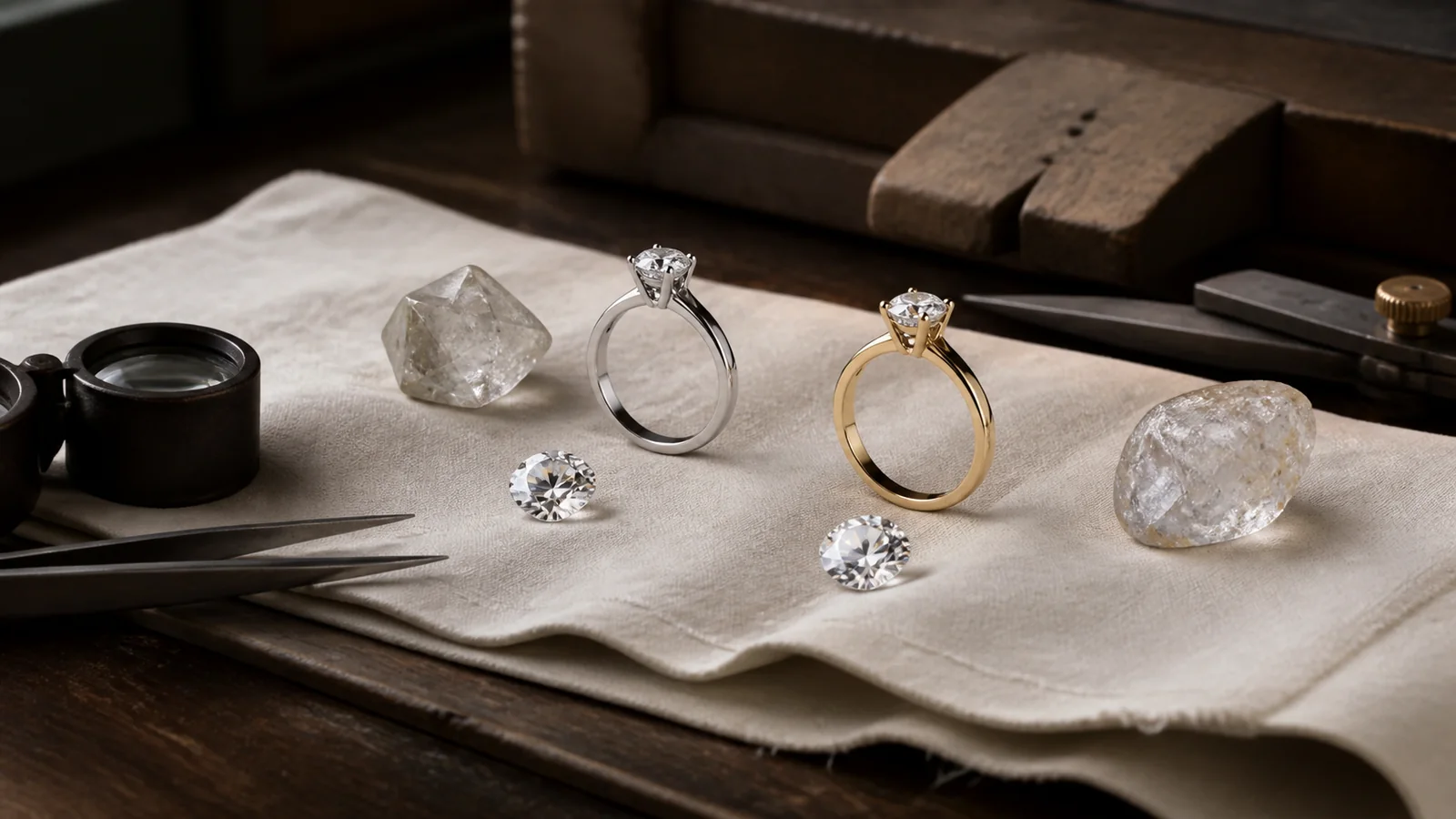 Editorial still life for Lab-Grown vs Natural Diamonds: Origin, Documentation and Buyer Fit