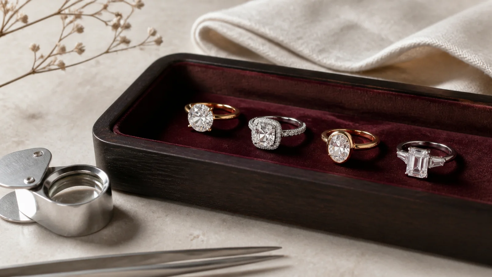 Editorial still life for Moissanite Engagement Rings Reviewed: Cut Information, Settings and Buyer Expectations