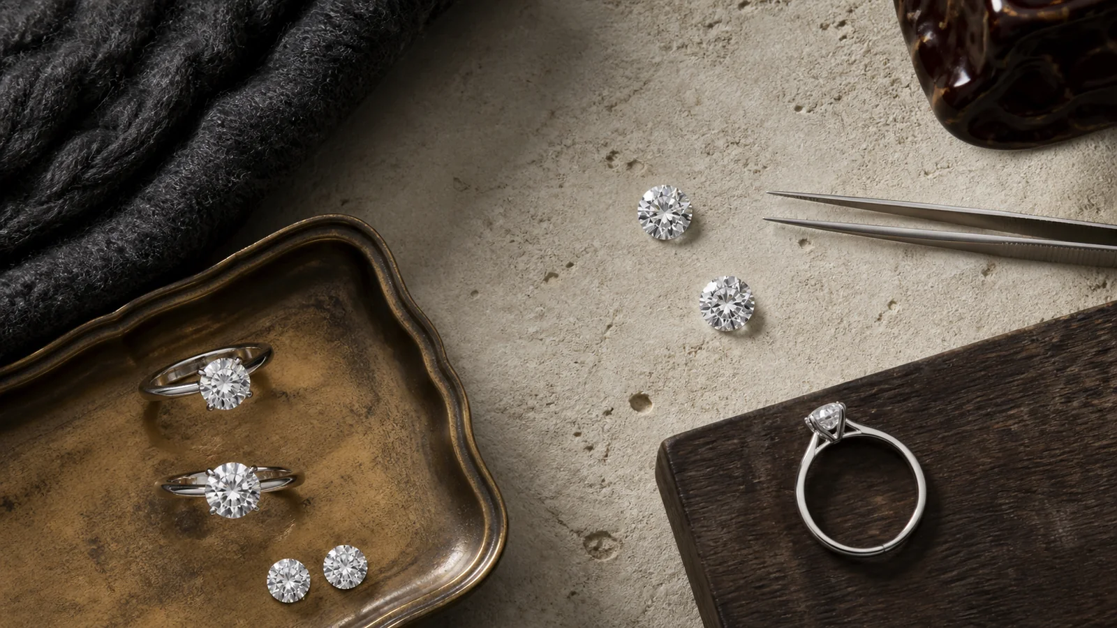 Editorial still life for Moissanite vs Lab-Grown Diamond: Appearance, Reports and Budget Trade-Offs