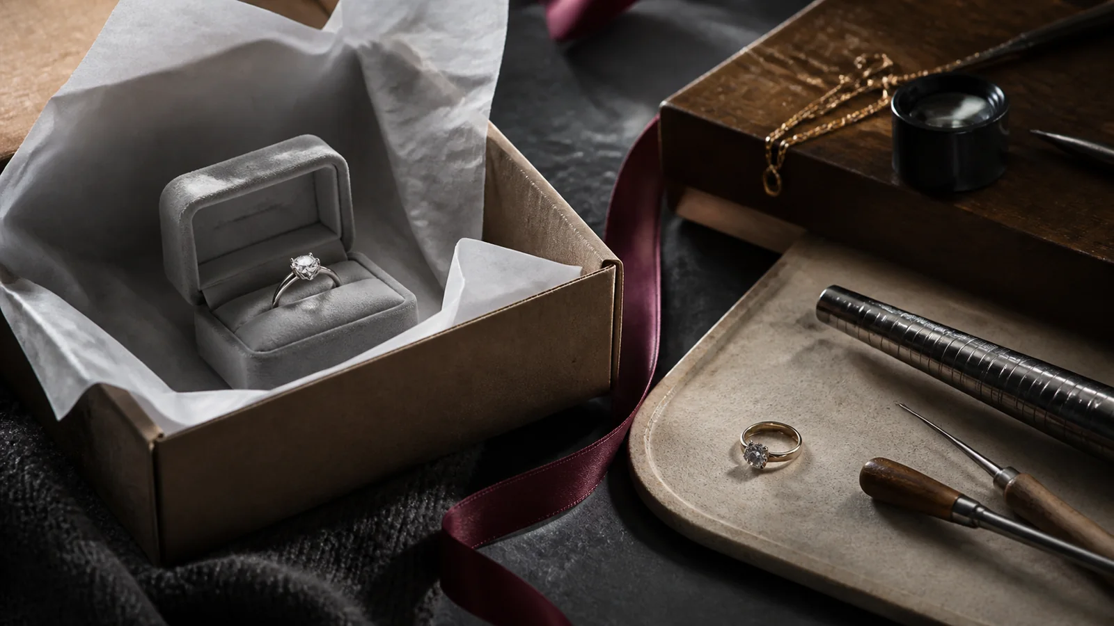 Editorial still life for Online-Only vs High-Street Jewellers: Information, Sizing and Aftercare