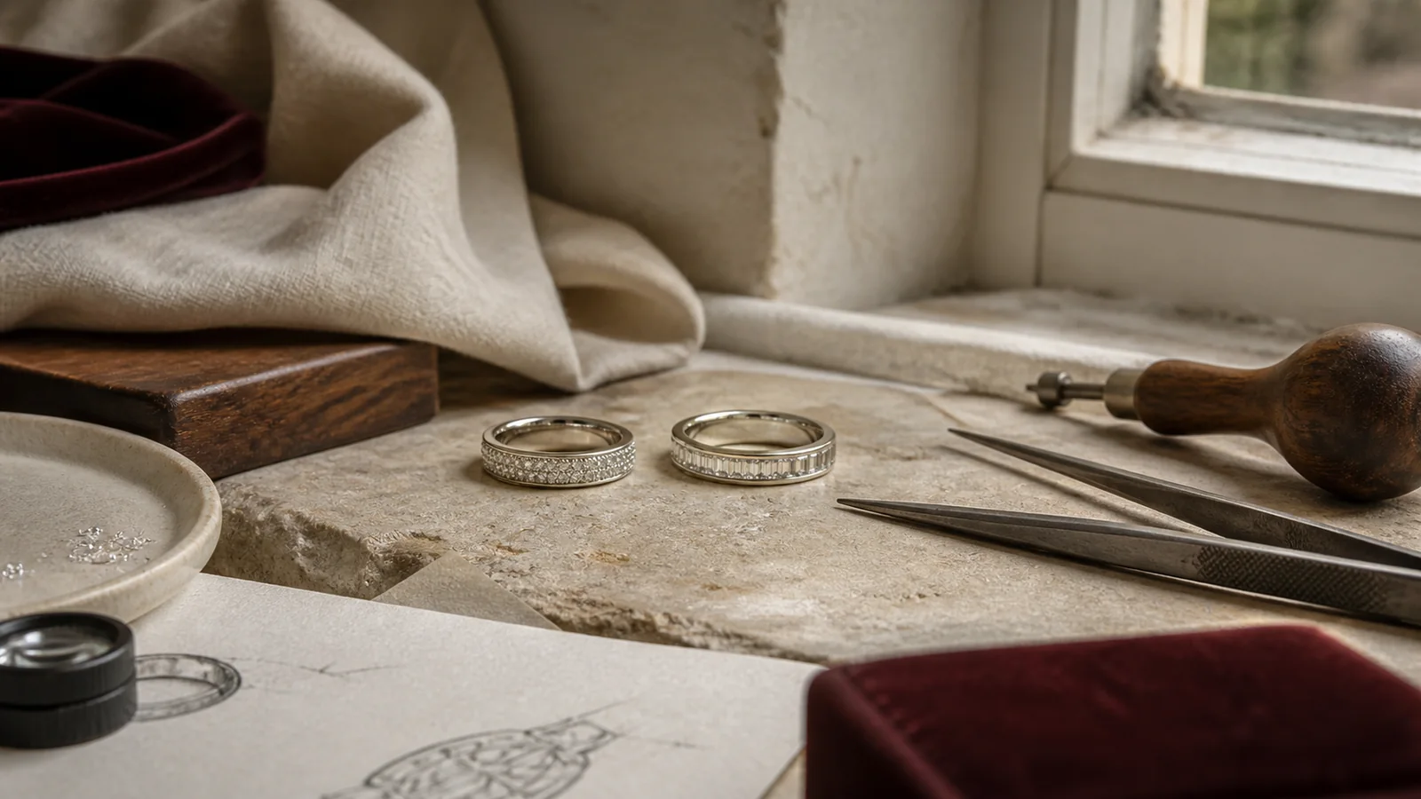 Editorial still life for Pave vs Channel-Set Stones: Appearance, Cleaning and Repair