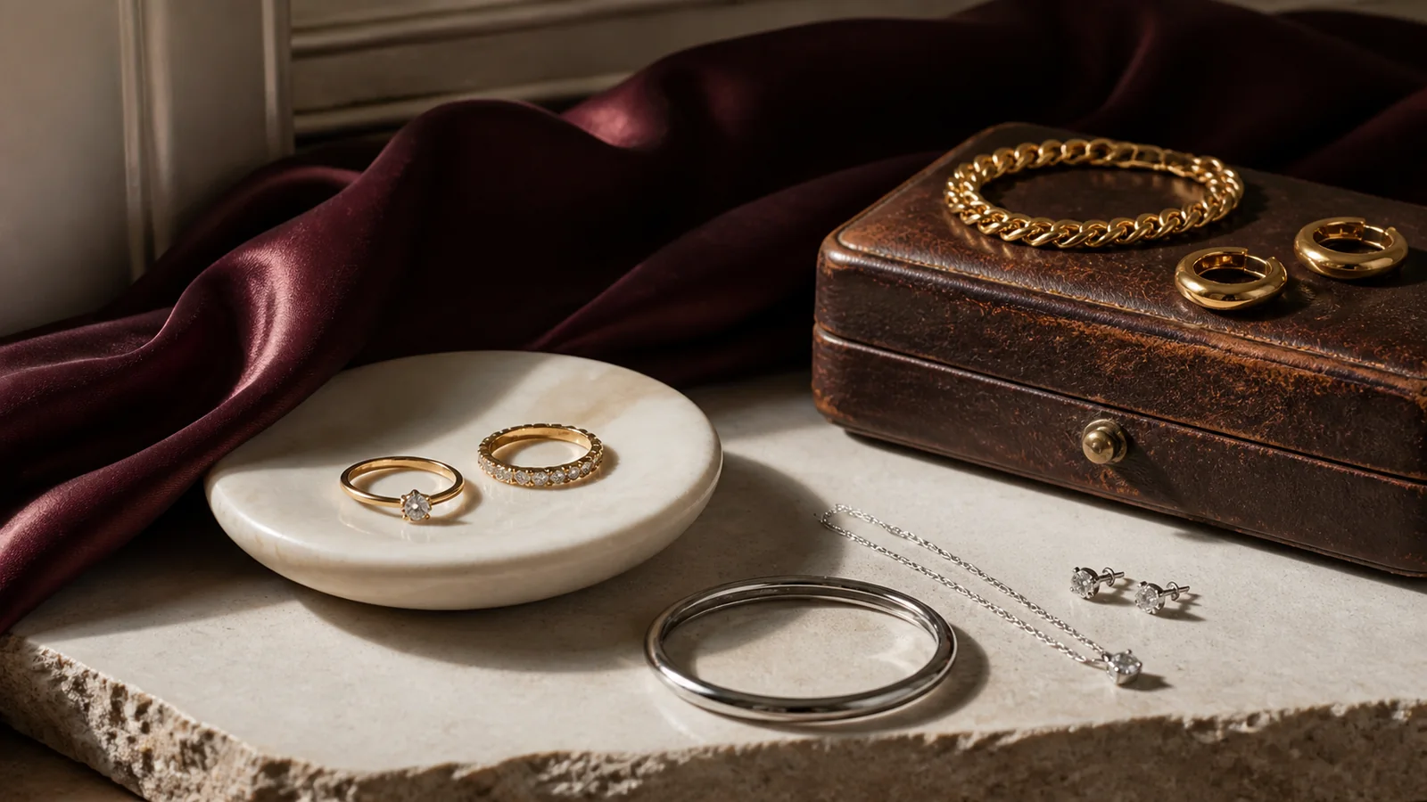 Editorial still life for PVD-Coated vs Traditionally Plated Jewellery: Questions the Product Page Must Answer
