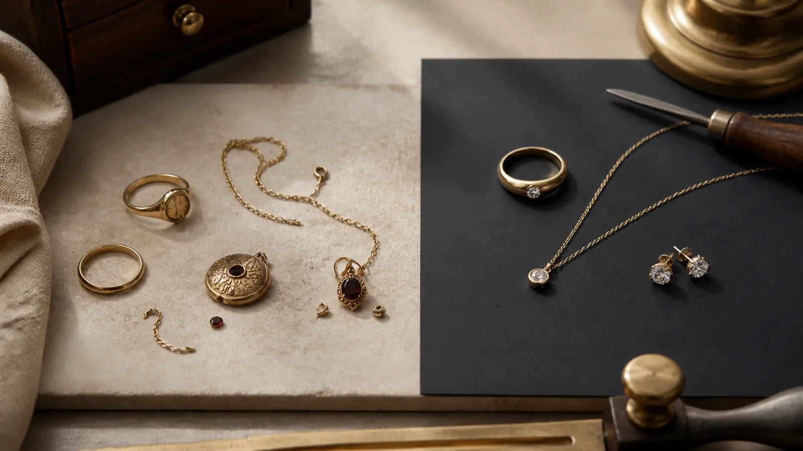 Editorial still life for Repair vs Replace: A Decision Guide for Worn, Broken or Plated Jewellery