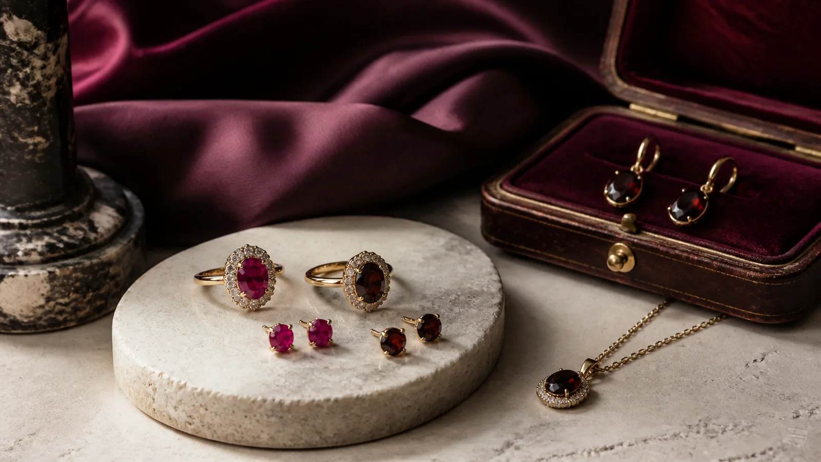 Editorial still life for Ruby vs Garnet Jewellery: Identity, Colour and Price Questions