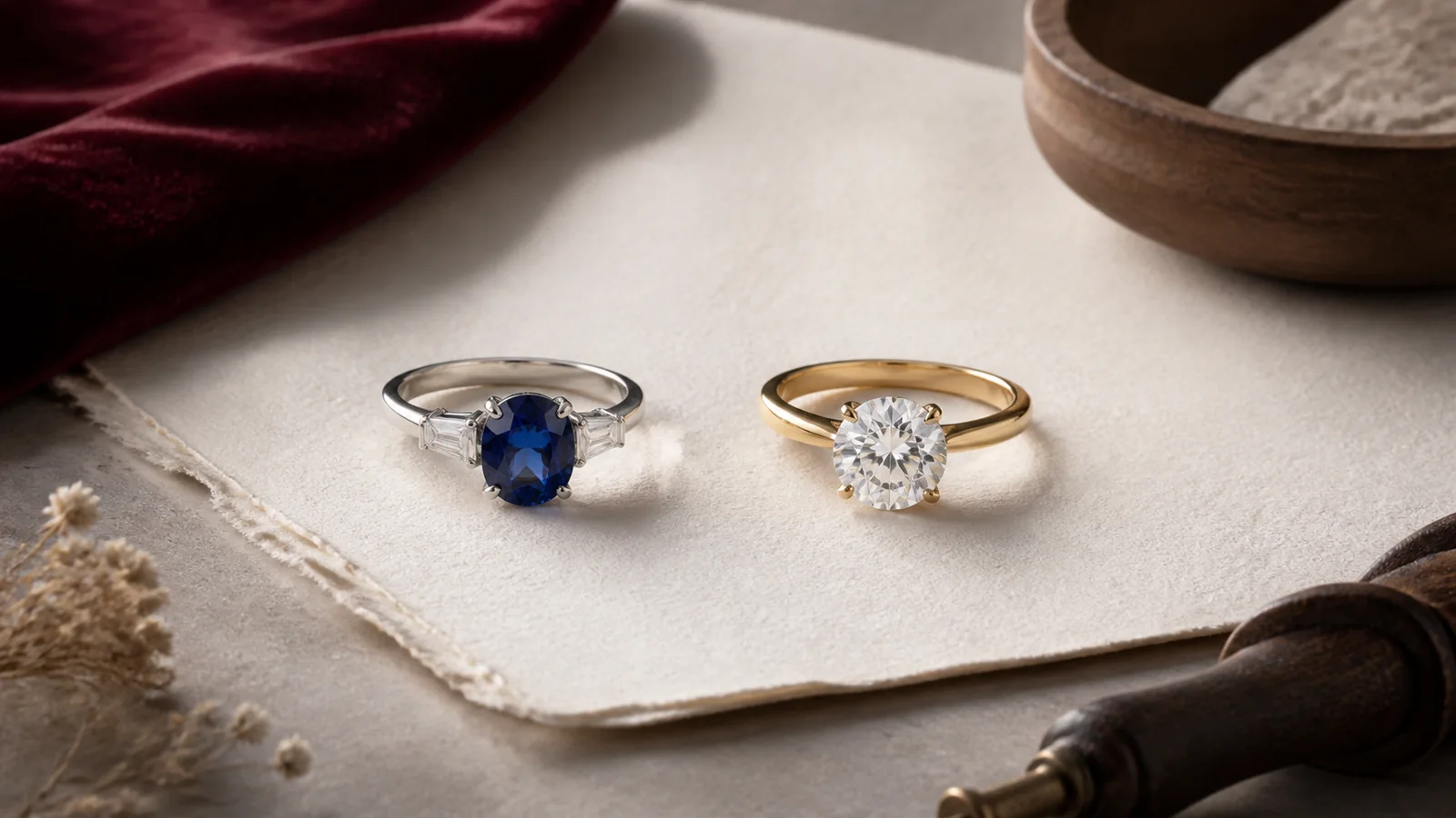 Editorial still life for Sapphire vs Diamond Engagement Rings: Durability, Setting and Style