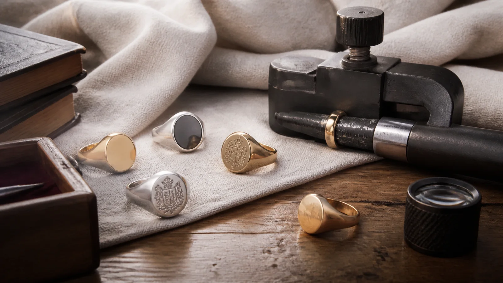Editorial still life for Signet Rings Reviewed: Weight, Engraving Space and Resizing Options