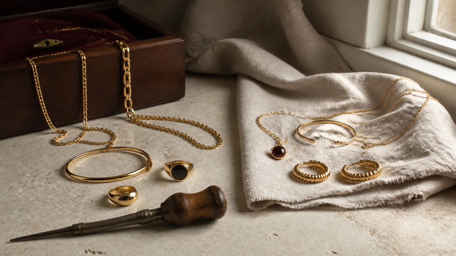 Editorial still life for Solid Gold vs Gold Vermeil: Upfront Cost and Long-Term Finish