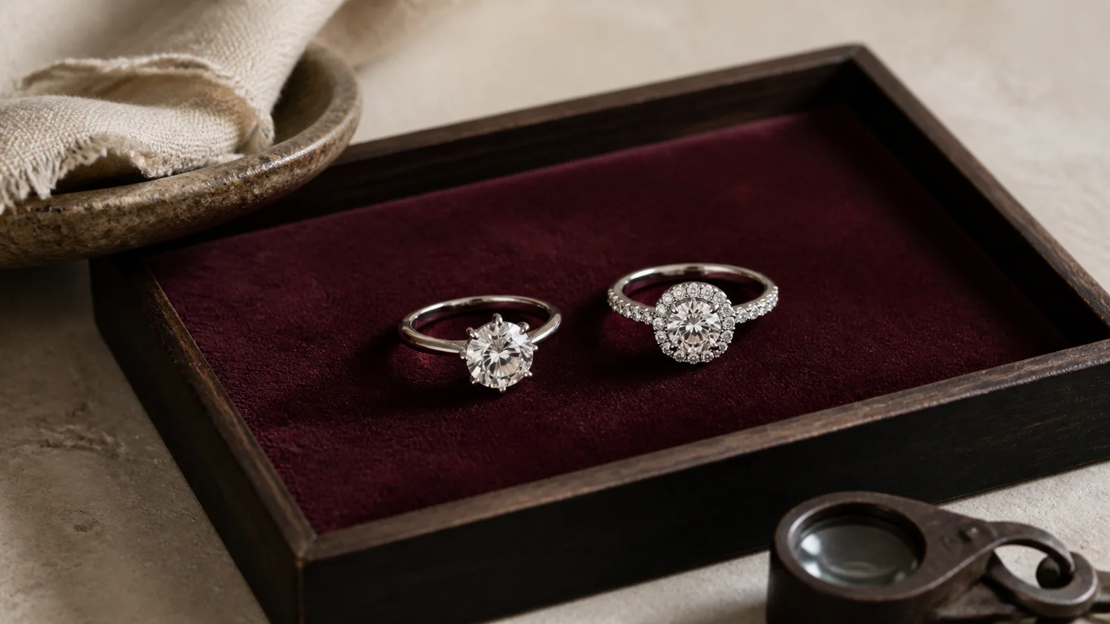 Editorial still life for Solitaire vs Halo Engagement Rings: Visual Size, Construction and Upkeep