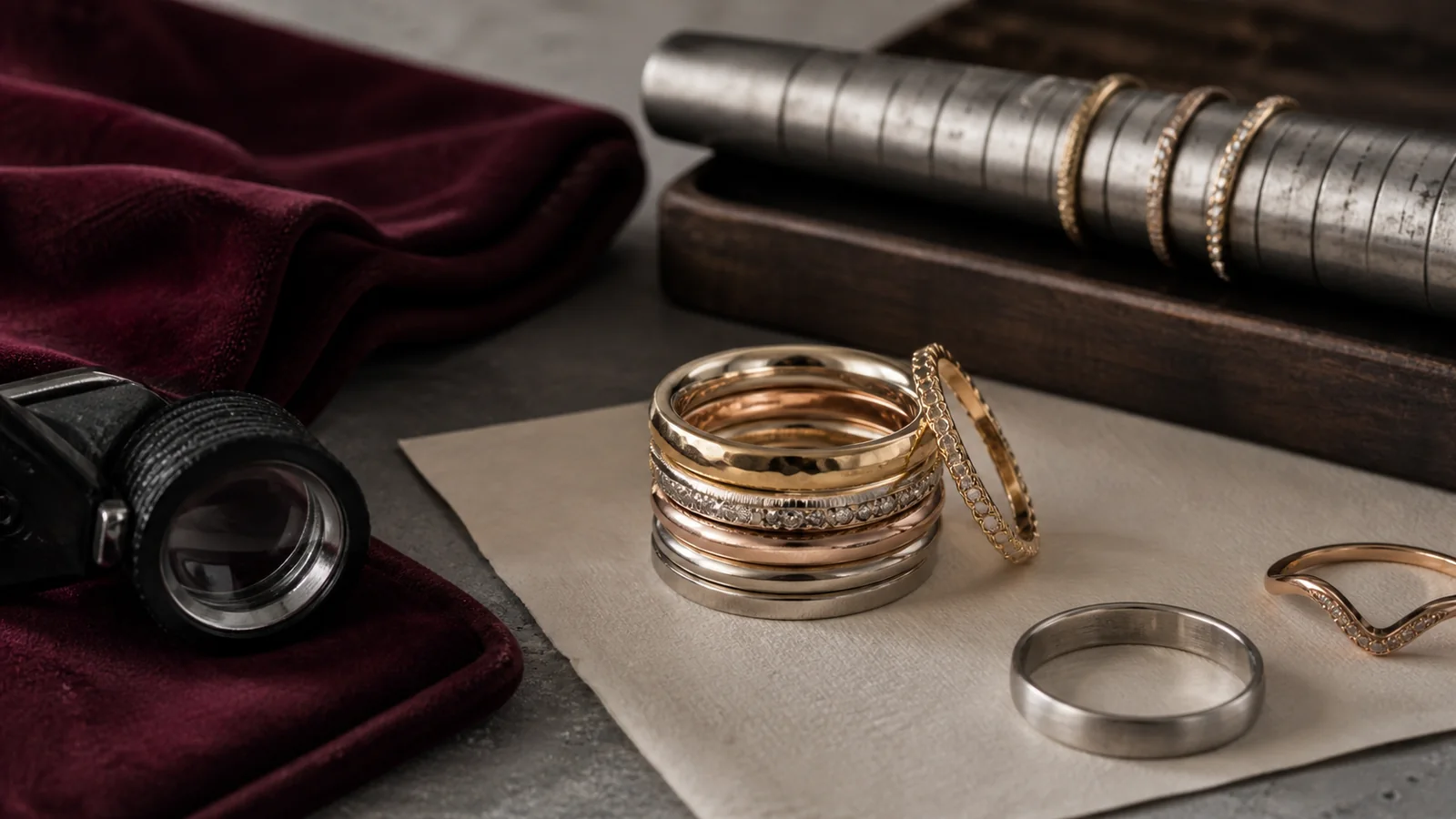 Editorial still life for Stacking Rings Reviewed: Band Profiles, Metal Wear and Sizing Consistency