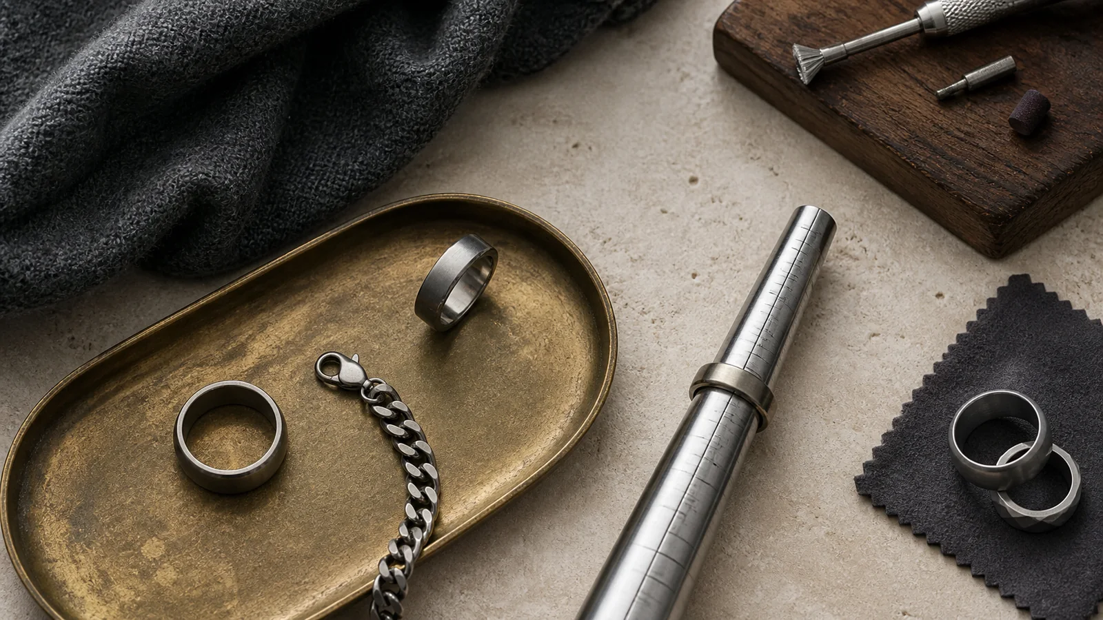 Editorial still life for Titanium Jewellery Reviewed: Sizing Limits, Finish and Repair Options