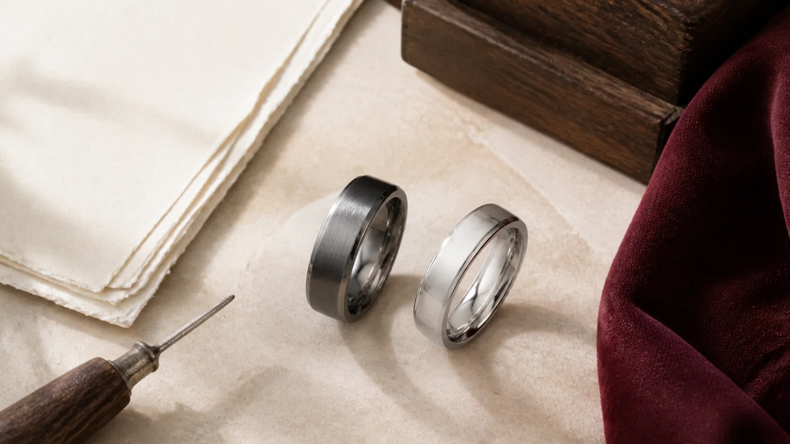 Editorial still life for Titanium vs Platinum Rings: Weight, Sizing and Repair Consequences