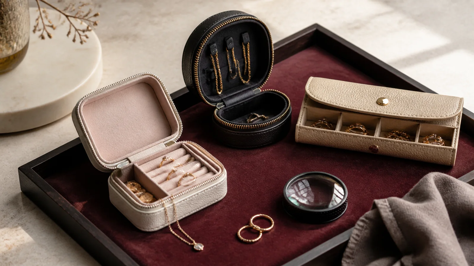 Editorial still life for Travel Jewellery Cases Reviewed: Fastenings, Tarnish Claims and Practical Capacity