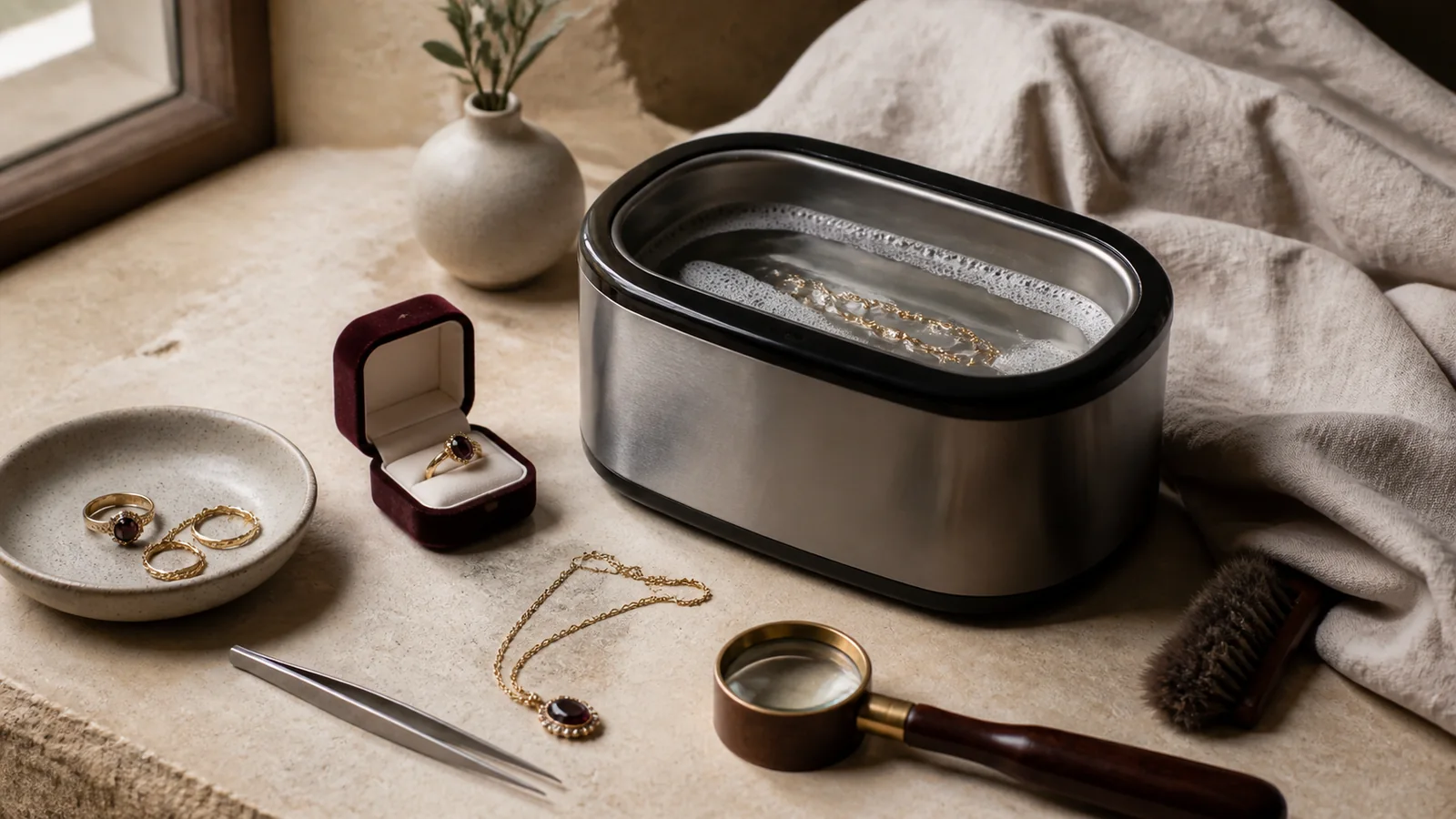 Editorial still life for Ultrasonic Jewellery Cleaners Reviewed: Who Should Use One and Who Should Not