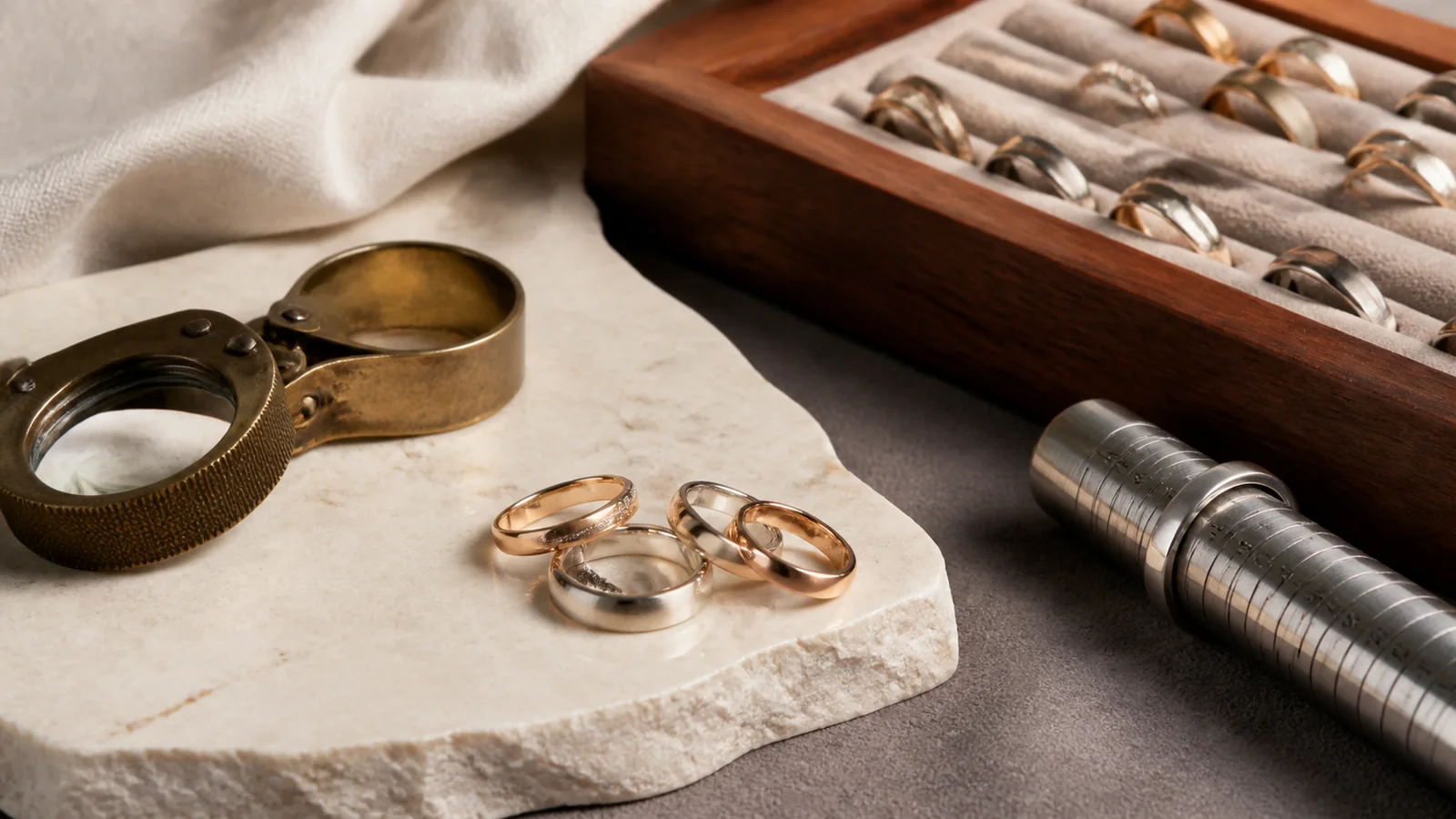 Editorial still life for Wedding-Band Retailers Reviewed: Sizing, Lead Times, Hallmarks and Aftercare
