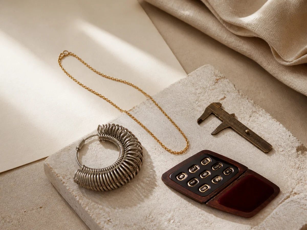 Gold jewellery with measuring and hallmark-checking tools