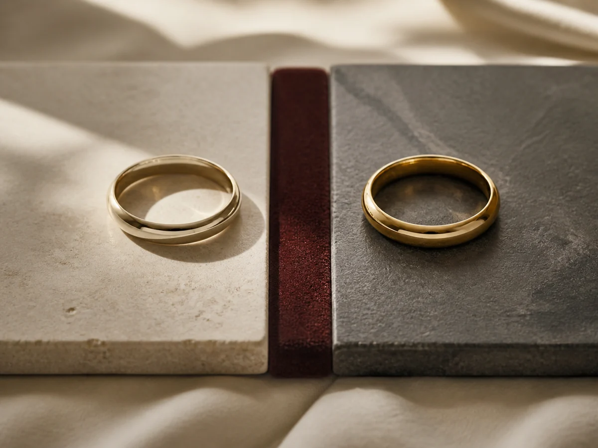 Two gold rings compared side by side on different surfaces