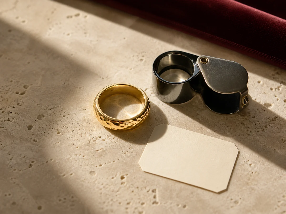 A gold ring beside a jeweller’s loupe on warm limestone