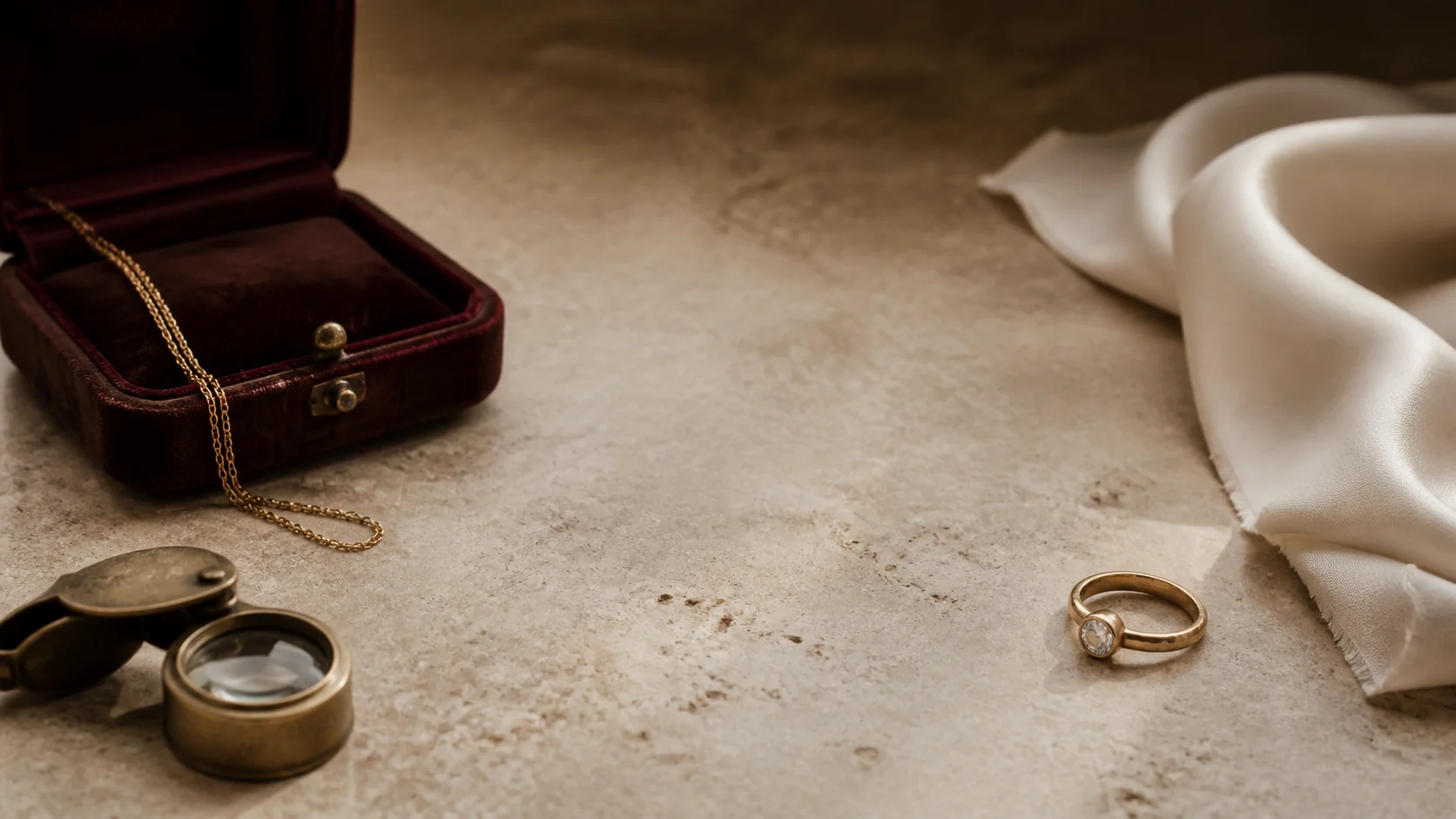 Gold jewellery, a jeweller’s loupe and an oxblood velvet case on a warm stone surface