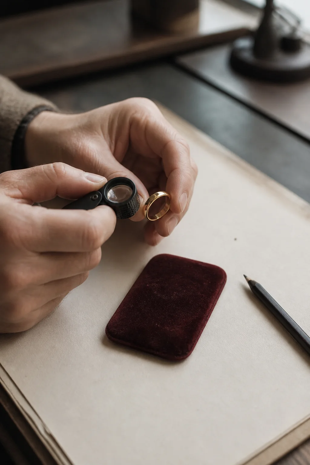 A jewellery editor inspecting a gold ring with a jeweller’s loupe