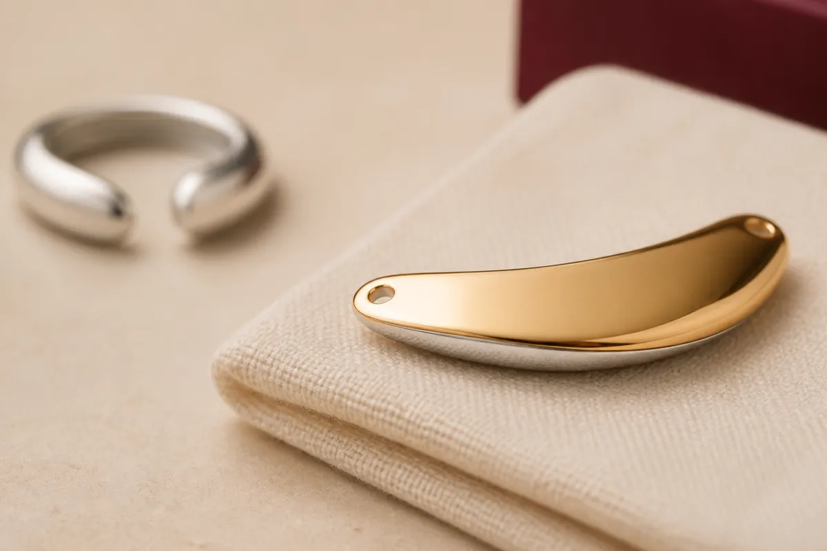 Close view of a gold-coloured surface over a silver-toned edge beside a soft polishing cloth