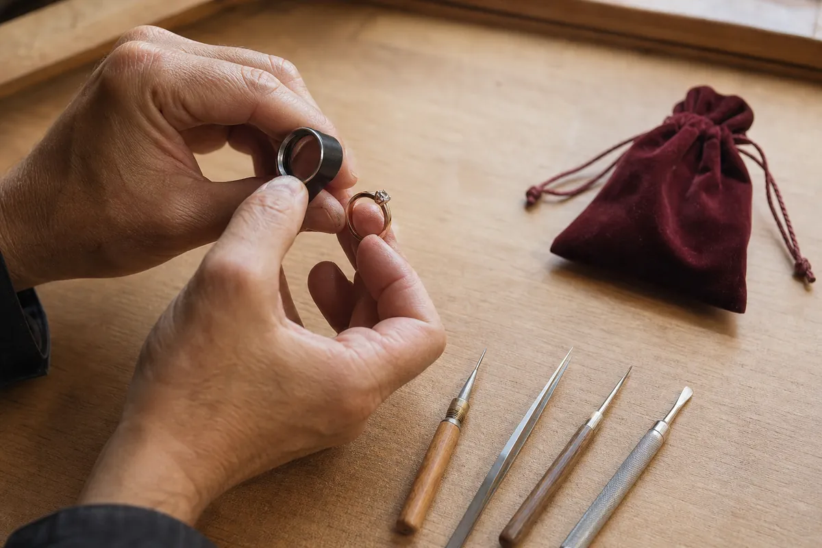 Jeweller's hands inspecting an unbranded ring beside repair tools and a burgundy pouch