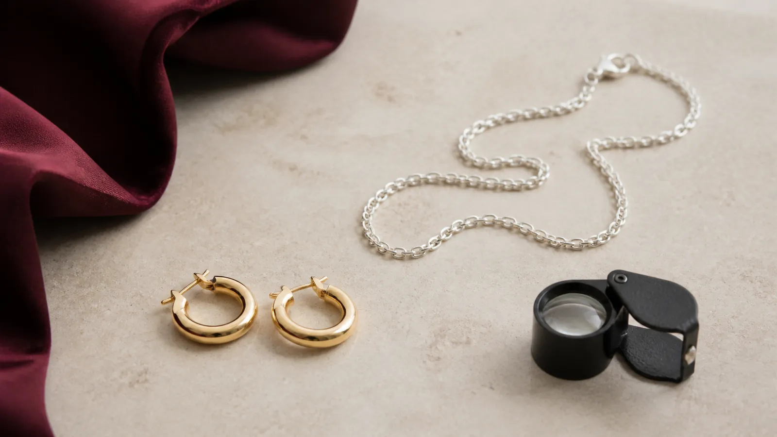 Gold vermeil earrings and a silver chain arranged beside a jeweller's loupe on warm stone